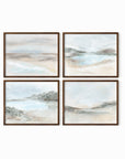 Set of 4 Calming Light Collection by NLS Design - horizontal soft muted abstract landscape original paintings fine art prints in green, blue, beige, gray, cream, brown and white; framed in walnut stained oak. Large neutral wall art set for living rooms, bedrooms, and above sofas and beds.