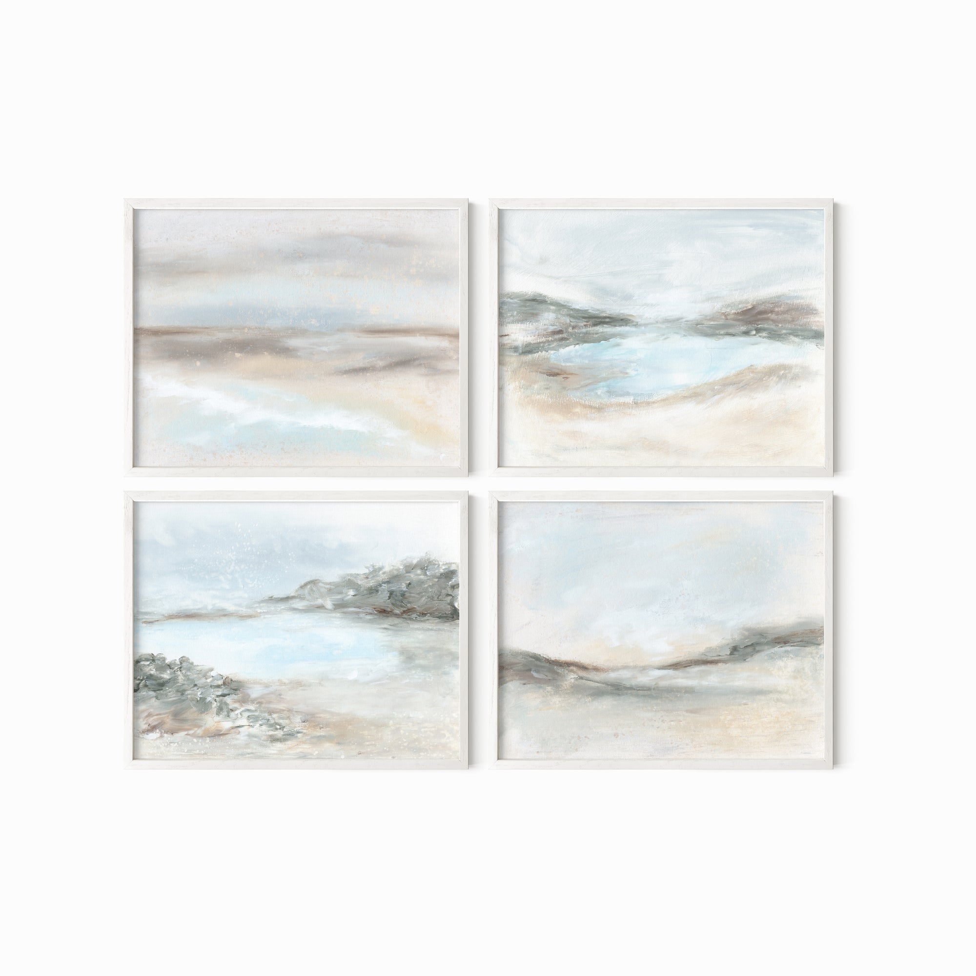 Set of 4 Calming Light Collection by NLS Design - horizontal soft muted abstract landscape original paintings fine art prints in green, blue, beige, gray, cream, brown and white; framed in white oak. Large neutral wall art set for living rooms, bedrooms, and above sofas and beds.