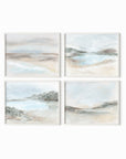Set of 4 Calming Light Collection by NLS Design - horizontal soft muted abstract landscape original paintings fine art prints in green, blue, beige, gray, cream, brown and white; framed in white oak. Large neutral wall art set for living rooms, bedrooms, and above sofas and beds.