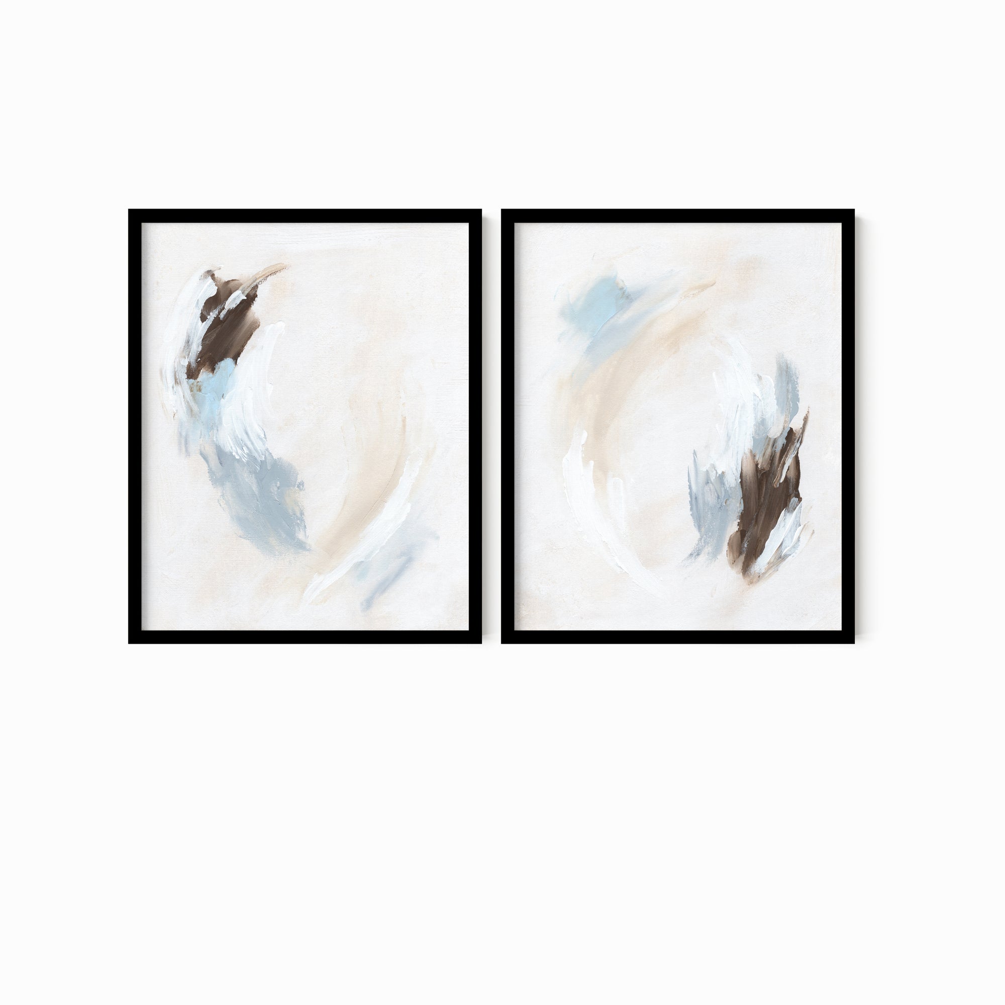 Set of 2 Soft Motion - modern abstract gallery wall set original paintings fine are prints in light blue, brown, cream, gray, beige and white; framed in blackl oak by NLS Design. Large neutral wall art for living rooms, bedrooms, entryways, offices, bathrooms, and above sofas and beds. nlsdesignllc.com