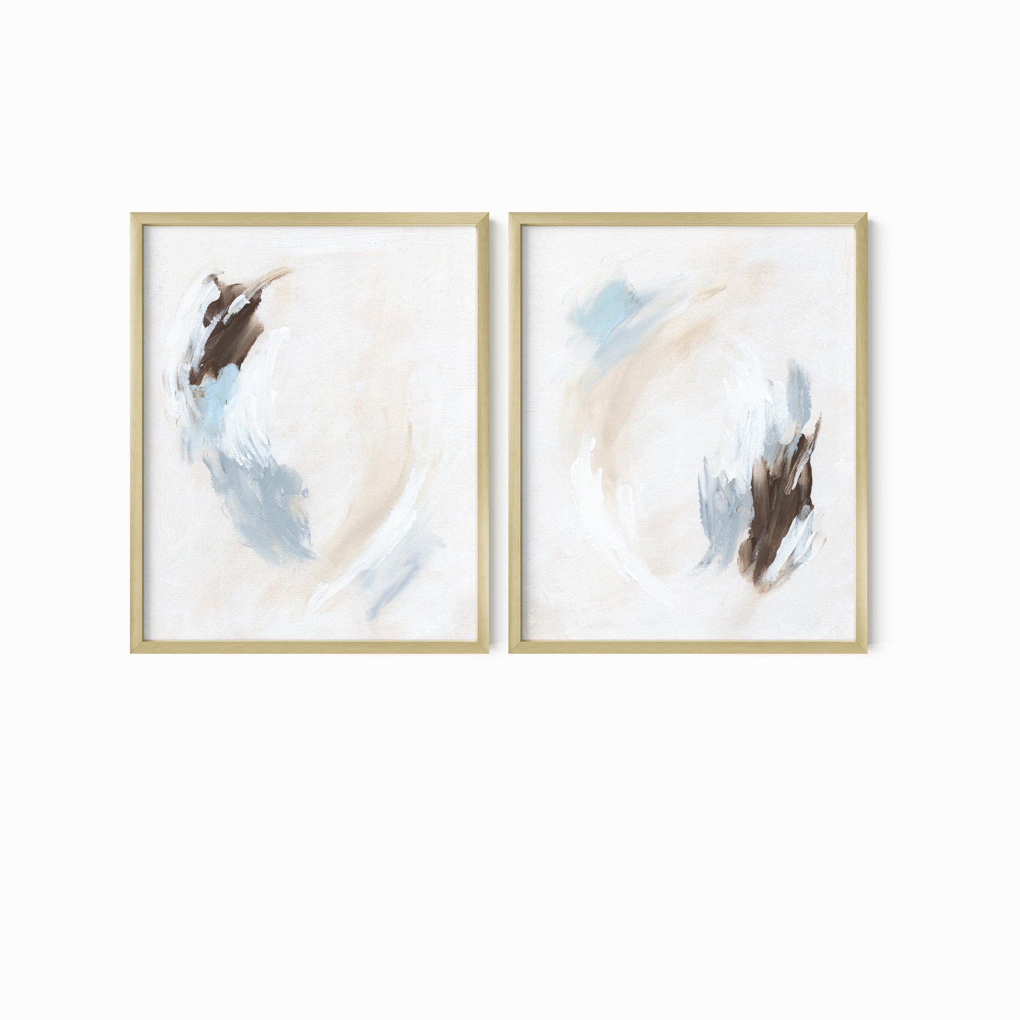 Set of 2 Soft Motion - modern abstract gallery wall set original paintings fine are prints in light blue, brown, cream, gray, beige and white; framed in gold metal by NLS Design. Large neutral wall art for living rooms, bedrooms, entryways, offices, bathrooms, and above sofas and beds. nlsdesignllc.com