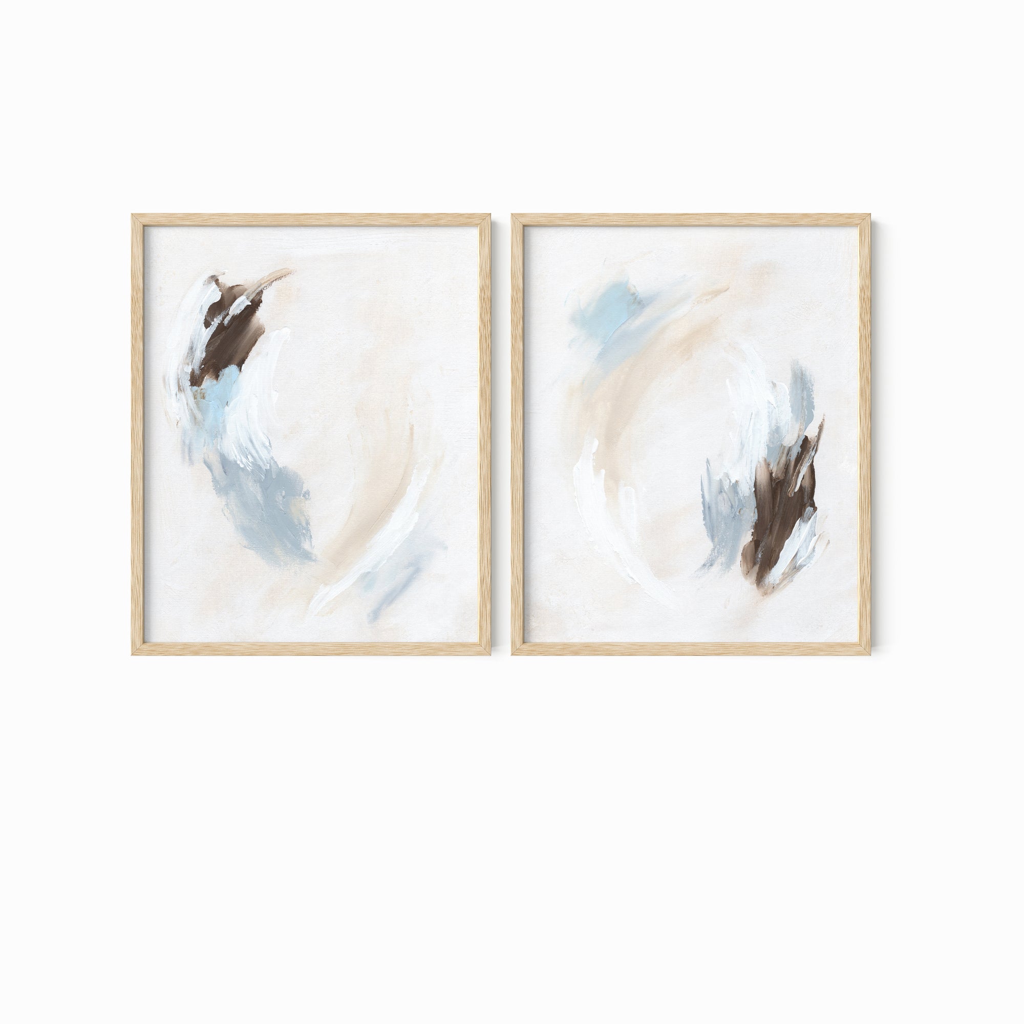Set of 2 Soft Motion - modern abstract gallery wall set original paintings fine are prints in light blue, brown, cream, gray, beige and white; framed in natural oak by NLS Design. Large neutral wall art for living rooms, bedrooms, entryways, offices, bathrooms, and above sofas and beds. nlsdesignllc.com