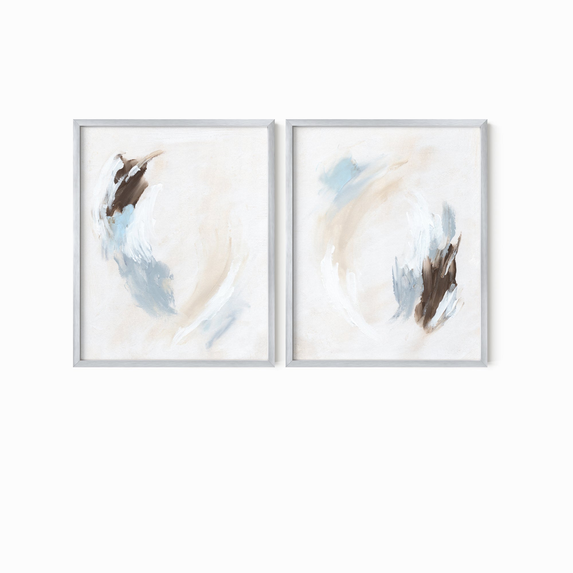 Set of 2 Soft Motion - modern abstract gallery wall set original paintings fine are prints in light blue, brown, cream, gray, beige and white; framed in silver metal by NLS Design. Large neutral wall art for living rooms, bedrooms, entryways, offices, bathrooms, and above sofas and beds. nlsdesignllc.com