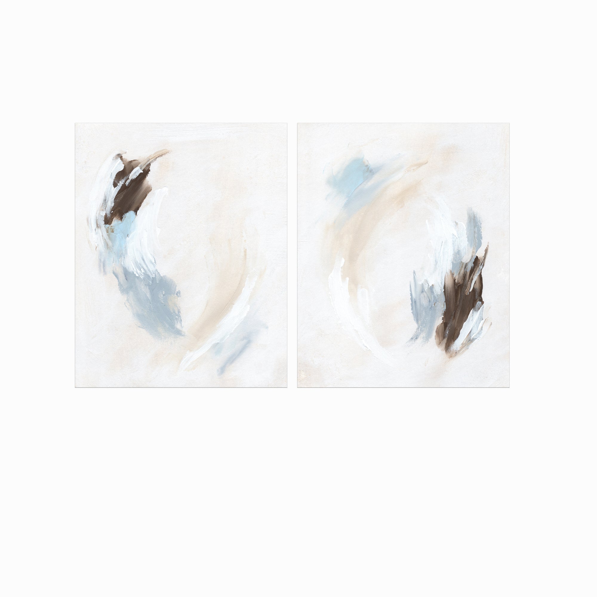 Set of 2 Soft Motion - modern abstract gallery wall set original paintings fine are prints in light blue, brown, cream, gray, beige and white; unframed by NLS Design. Large neutral wall art for living rooms, bedrooms, entryways, offices, bathrooms, and above sofas and beds. nlsdesignllc.com