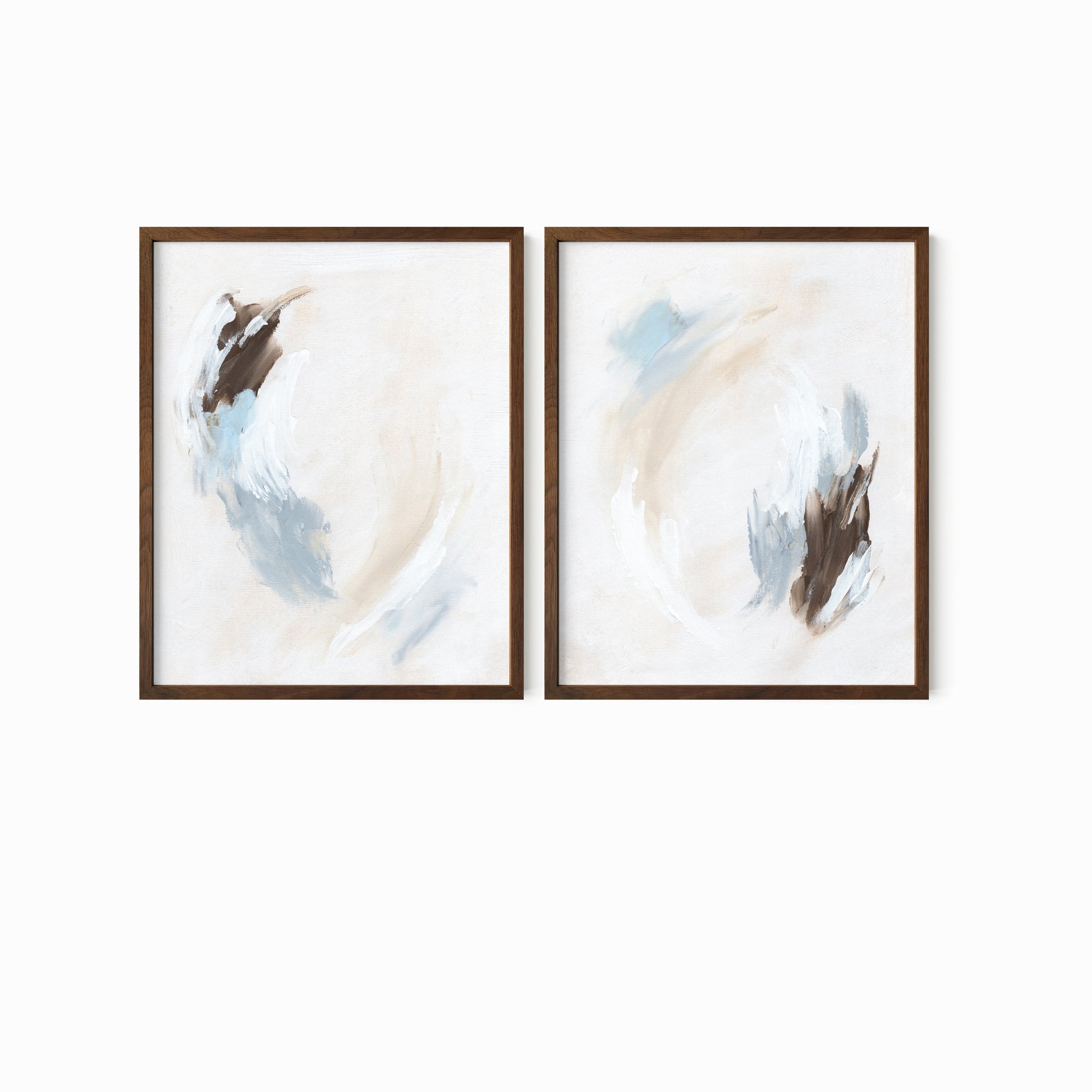 Set of 2 Soft Motion - modern abstract gallery wall set original paintings fine are prints in light blue, brown, cream, gray, beige and white; framed in walnut oak by NLS Design. Large neutral wall art for living rooms, bedrooms, entryways, offices, bathrooms, and above sofas and beds. nlsdesignllc.com