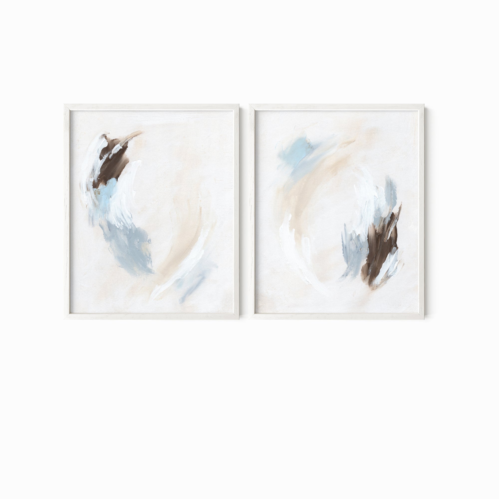 Set of 2 Soft Motion - modern abstract gallery wall set original paintings fine are prints in light blue, brown, cream, gray, beige and white; framed in white oak by NLS Design. Large neutral wall art for living rooms, bedrooms, entryways, offices, bathrooms, and above sofas and beds. nlsdesignllc.com