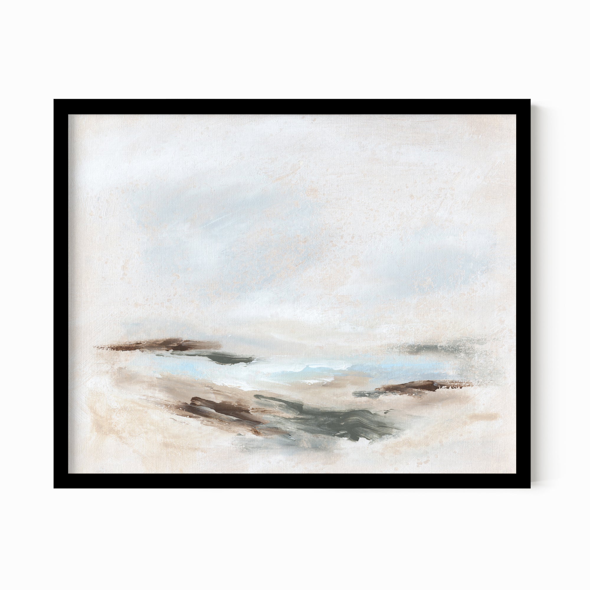 Stay Awhile - abstract beach coastal landscape original painting fine are print in white, light gray, light blue, brown, beige, muted sage green, taupe, tan, cream; framed in black oak by NLS Design. Large neutral wall art for living rooms, bedrooms, entryways, offices, bathrooms, and above sofas and beds. Modern coastal minimalistic open airy soft design. nlsdesignllc.com