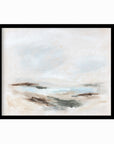 Stay Awhile - abstract beach coastal landscape original painting fine are print in white, light gray, light blue, brown, beige, muted sage green, taupe, tan, cream; framed in black oak by NLS Design. Large neutral wall art for living rooms, bedrooms, entryways, offices, bathrooms, and above sofas and beds. Modern coastal minimalistic open airy soft design. nlsdesignllc.com