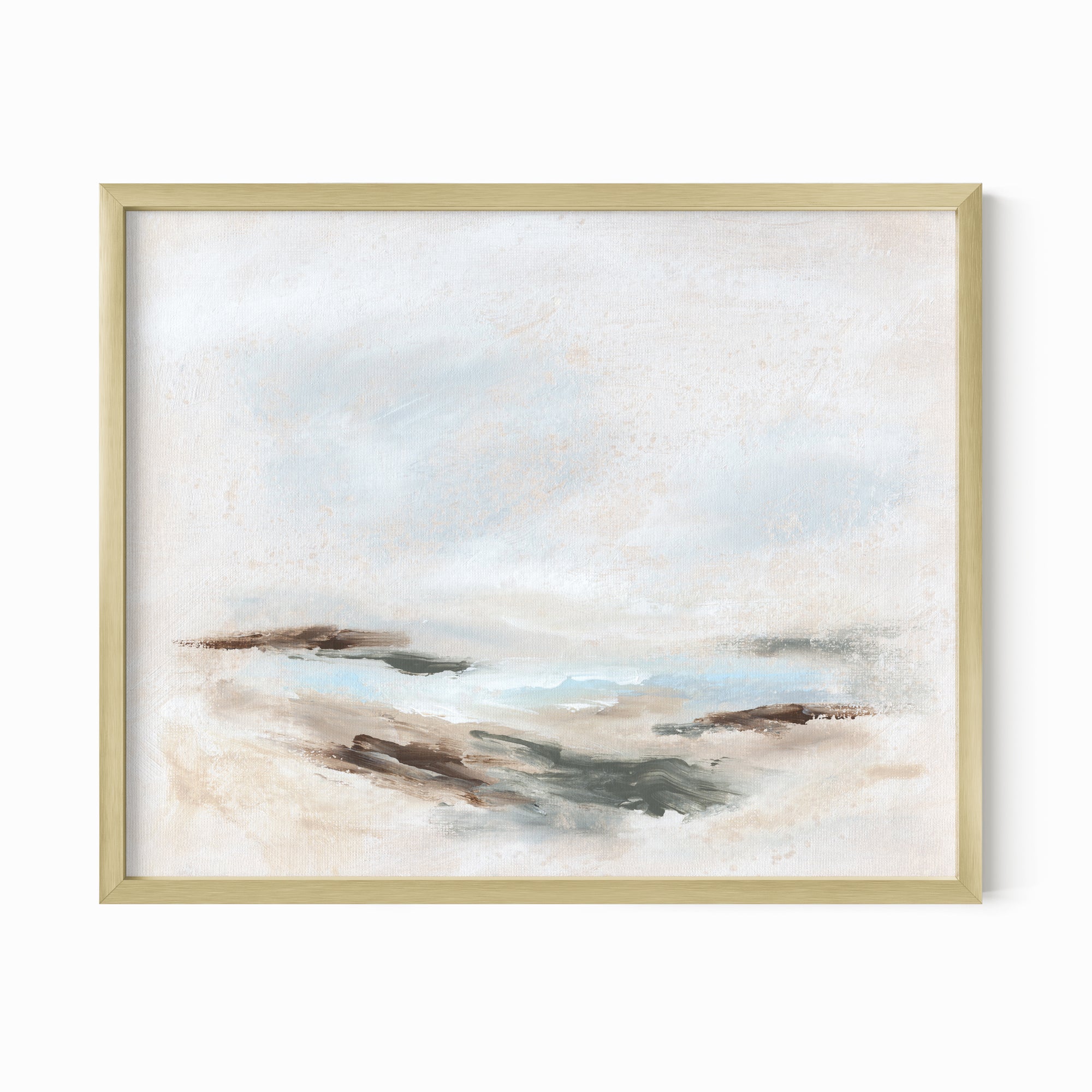 Stay Awhile - abstract beach coastal landscape original painting fine are print in white, light gray, light blue, brown, beige, muted sage green, taupe, tan, cream; framed in gold metal by NLS Design. Large neutral wall art for living rooms, bedrooms, entryways, offices, bathrooms, and above sofas and beds. Modern coastal minimalistic open airy soft design. nlsdesignllc.com