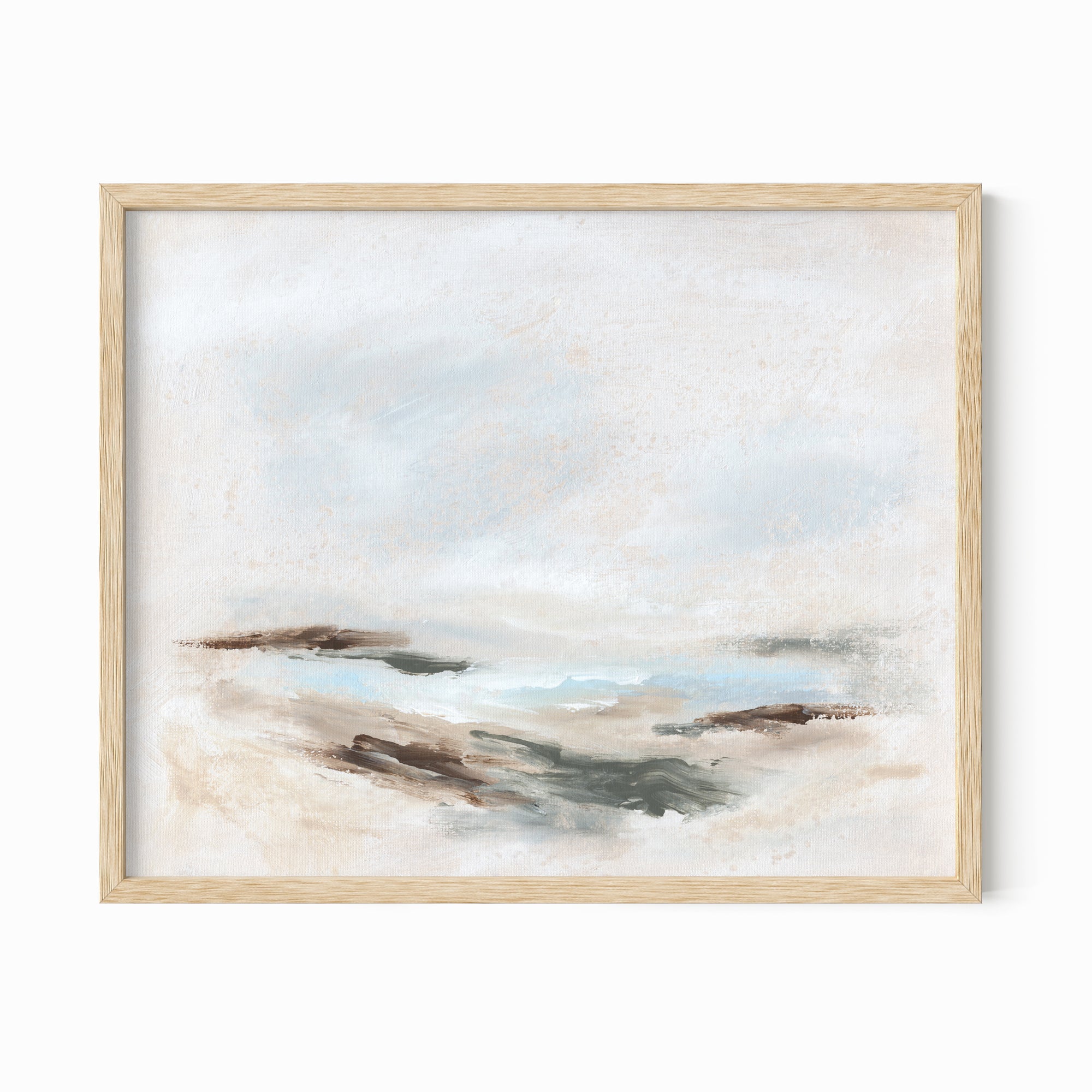 Stay Awhile - abstract beach coastal landscape original painting fine are print in white, light gray, light blue, brown, beige, muted sage green, taupe, tan, cream; framed in natural oak by NLS Design. Large neutral wall art for living rooms, bedrooms, entryways, offices, bathrooms, and above sofas and beds. Modern coastal minimalistic open airy soft design. nlsdesignllc.com