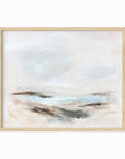 Stay Awhile - abstract beach coastal landscape original painting fine are print in white, light gray, light blue, brown, beige, muted sage green, taupe, tan, cream; framed in natural oak by NLS Design. Large neutral wall art for living rooms, bedrooms, entryways, offices, bathrooms, and above sofas and beds. Modern coastal minimalistic open airy soft design. nlsdesignllc.com