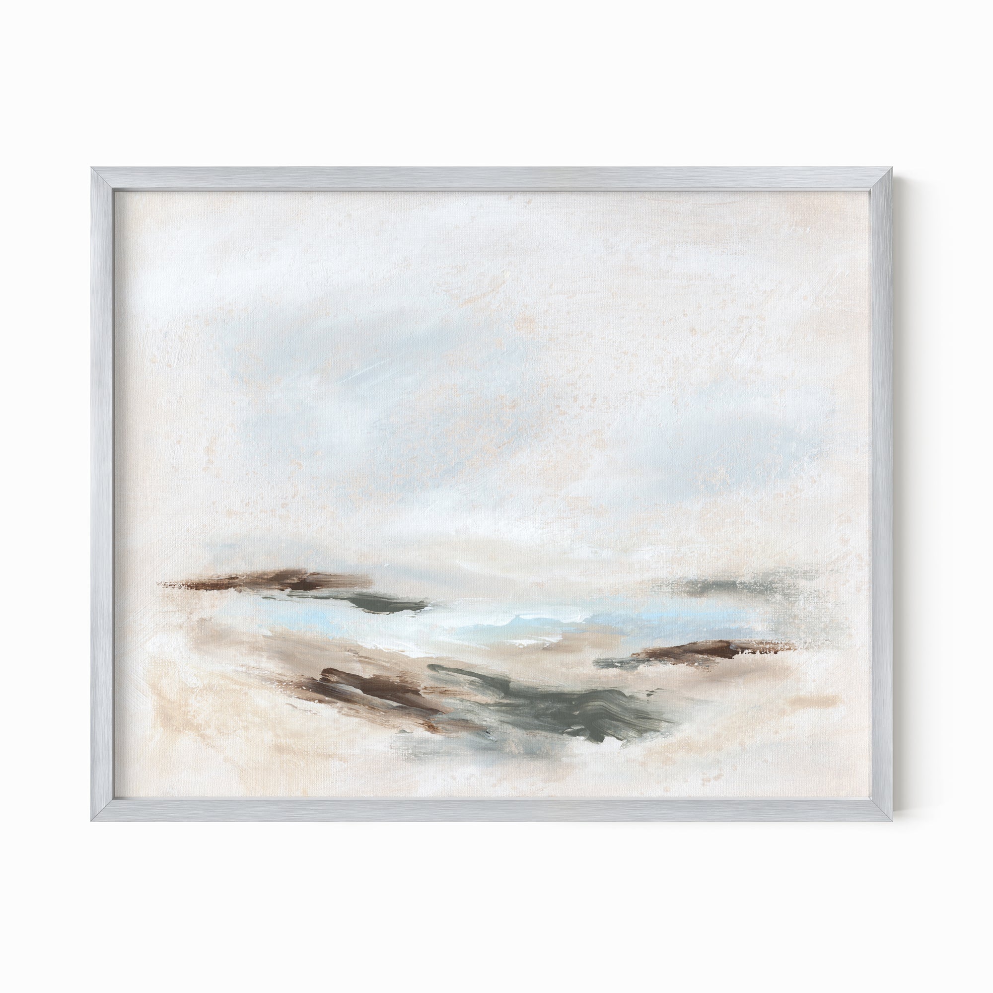 Stay Awhile - abstract beach coastal landscape original painting fine are print in white, light gray, light blue, brown, beige, muted sage green, taupe, tan, cream; framed in silver metal by NLS Design. Large neutral wall art for living rooms, bedrooms, entryways, offices, bathrooms, and above sofas and beds. Modern coastal minimalistic open airy soft design. nlsdesignllc.com