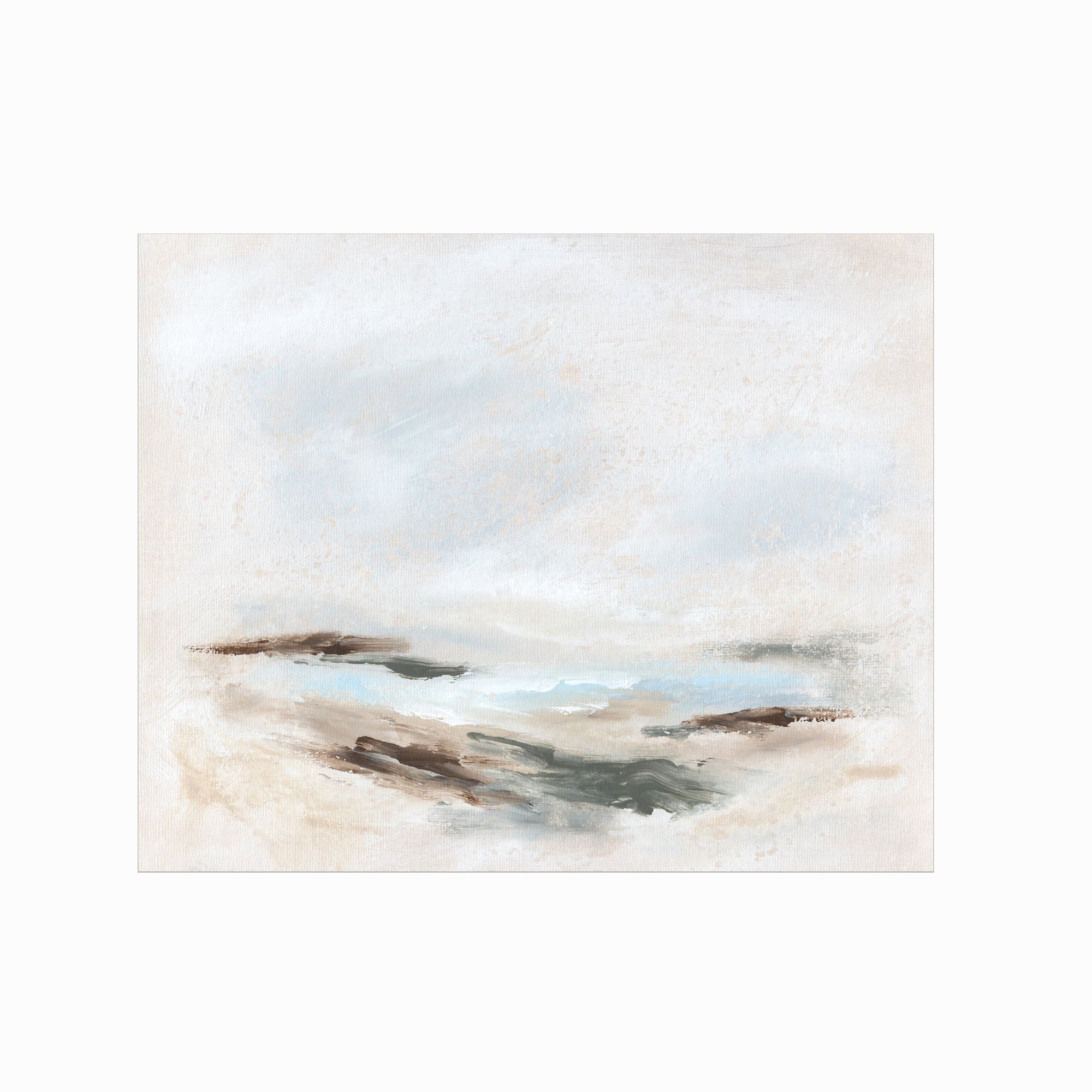 Stay Awhile - abstract beach coastal landscape original painting fine are print in white, light gray, light blue, brown, beige, muted sage green, taupe, tan, cream; unframed by NLS Design. Large neutral wall art for living rooms, bedrooms, entryways, offices, bathrooms, and above sofas and beds. Modern coastal minimalistic open airy soft design. nlsdesignllc.com
