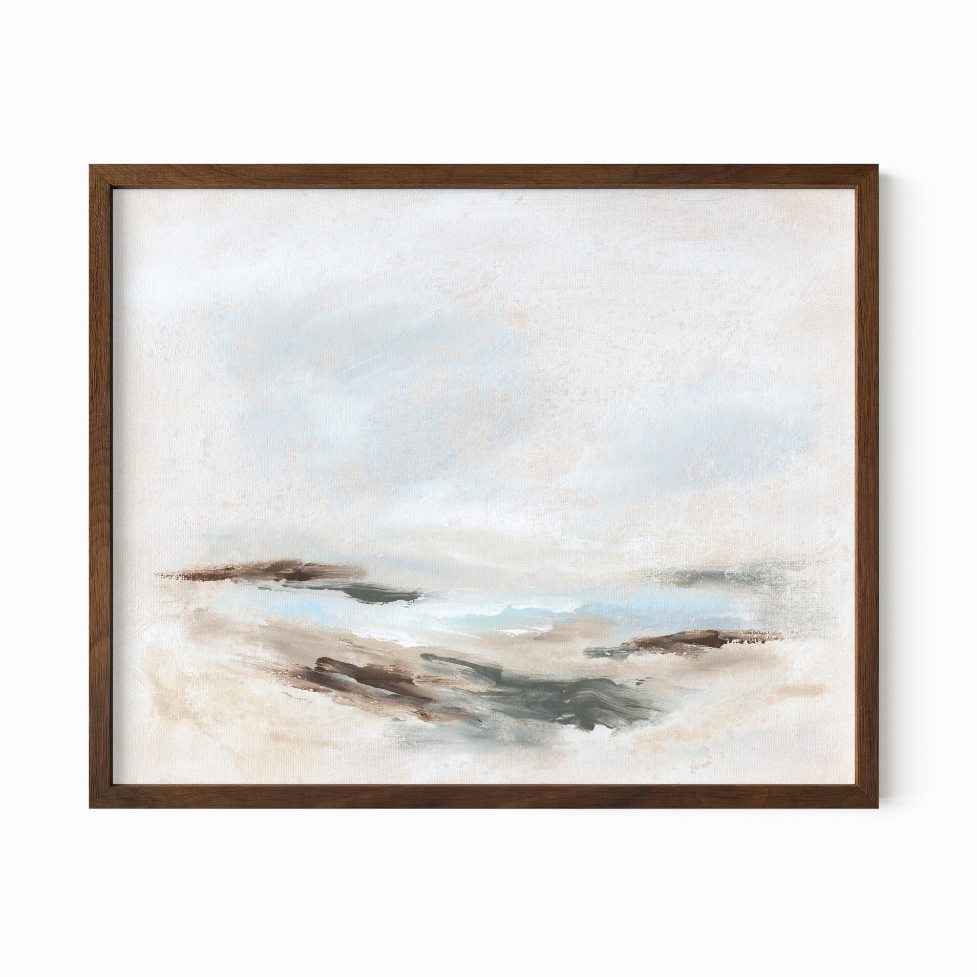 Stay Awhile - abstract beach coastal landscape original painting fine are print in white, light gray, light blue, brown, beige, muted sage green, taupe, tan, cream; framed in walnut oak by NLS Design. Large neutral wall art for living rooms, bedrooms, entryways, offices, bathrooms, and above sofas and beds. Modern coastal minimalistic open airy soft design. nlsdesignllc.com