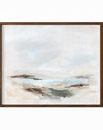 Stay Awhile - abstract beach coastal landscape original painting fine are print in white, light gray, light blue, brown, beige, muted sage green, taupe, tan, cream; framed in walnut oak by NLS Design. Large neutral wall art for living rooms, bedrooms, entryways, offices, bathrooms, and above sofas and beds. Modern coastal minimalistic open airy soft design. nlsdesignllc.com