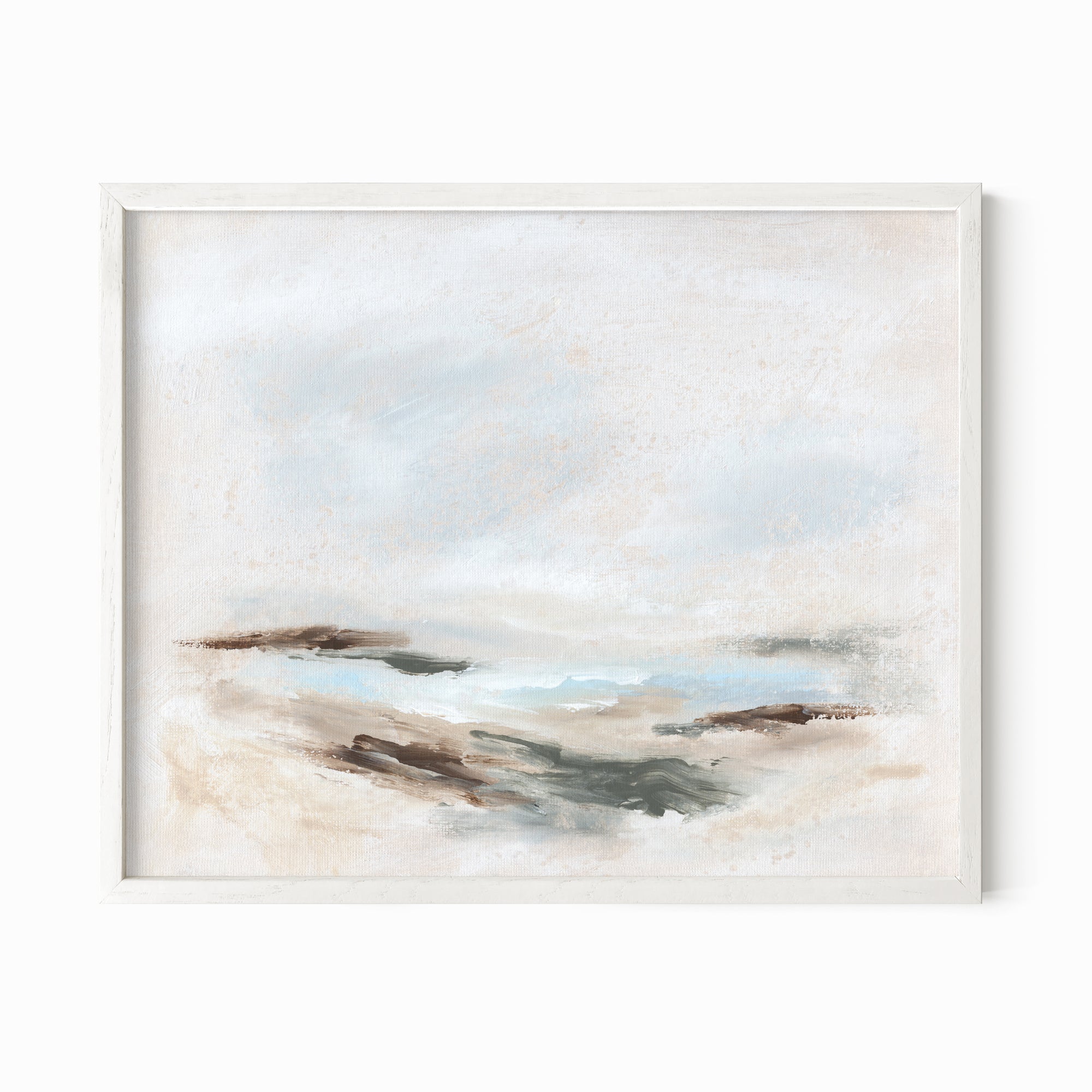 Stay Awhile - abstract beach coastal landscape original painting fine are print in white, light gray, light blue, brown, beige, muted sage green, taupe, tan, cream; framed in white oak by NLS Design. Large neutral wall art for living rooms, bedrooms, entryways, offices, bathrooms, and above sofas and beds. Modern coastal minimalistic open airy soft design. nlsdesignllc.com