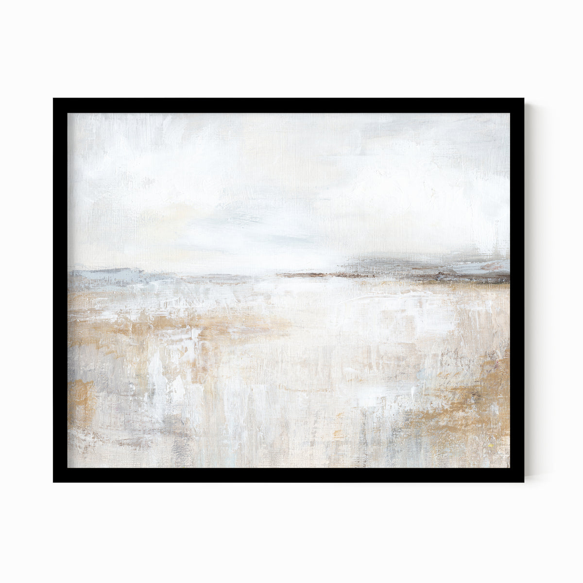 Stillness is a neutral minimalist abstract landscape in warm beige, cream, ivory, white, taupe, soft gray, charcoal gray, dark brown, pale blue gray, and muted golden beige; black oak frame by NLS Design. Large neutral gallery wall art for living rooms, bedrooms, entryways, offices, bathrooms, and above the couch and above the bed. Modern farmhouse rustic cottage earth tones. Horizontal Sizes: 8x10, 11x14, 16x20, 18x24, 24x36, 30x40, 40x60 inches. Real art by a real artist - NO AI 