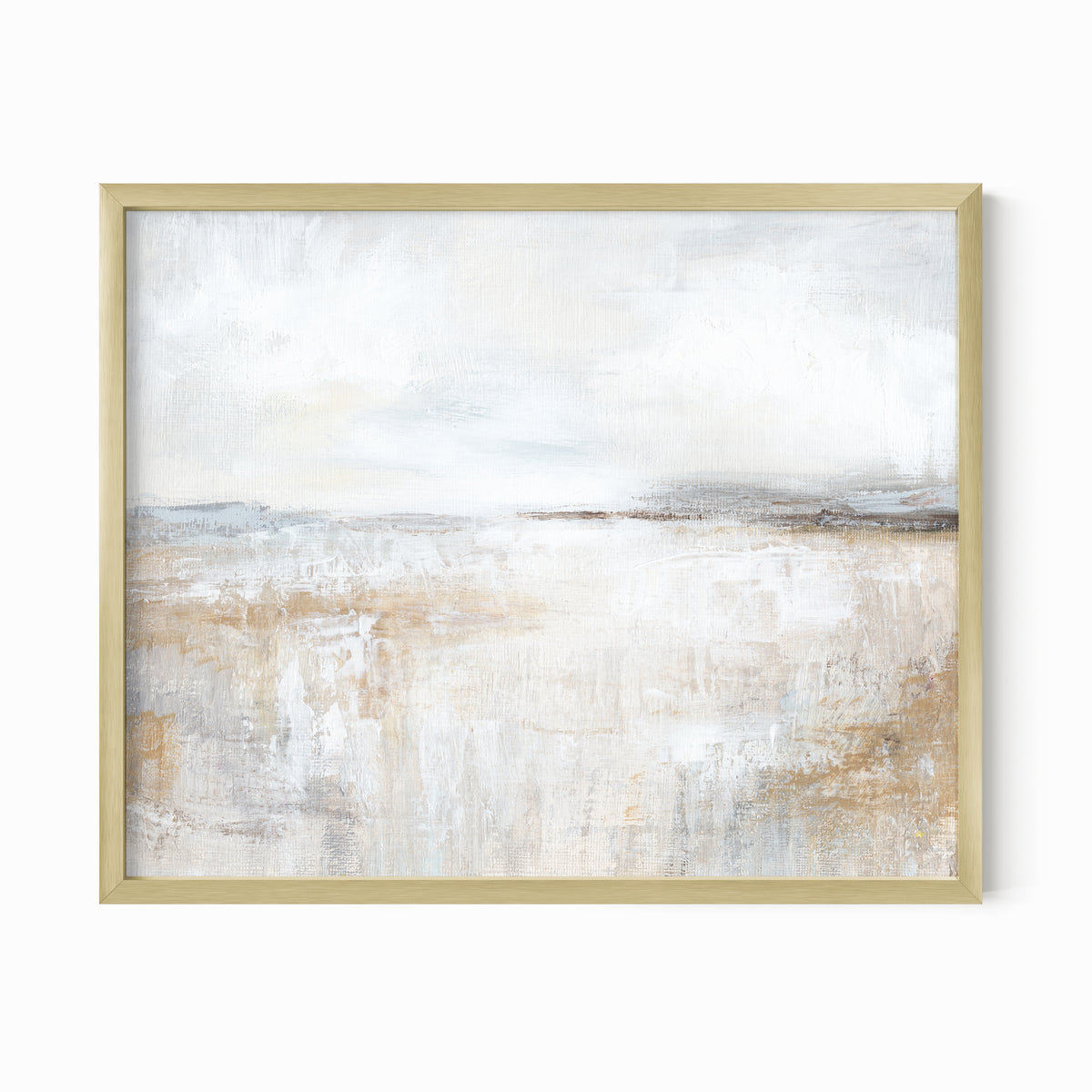 Stillness is a neutral minimalist abstract landscape in warm beige, cream, ivory, white, taupe, soft gray, charcoal gray, dark brown, pale blue gray, and muted golden beige; gold metal frame by NLS Design. Large neutral gallery wall art for living rooms, bedrooms, entryways, offices, bathrooms, and above the couch and above the bed. Modern farmhouse rustic cottage earth tones. Horizontal Sizes: 8x10, 11x14, 16x20, 18x24, 24x36, 30x40, 40x60 inches. Real art by a real artist - NO AI 