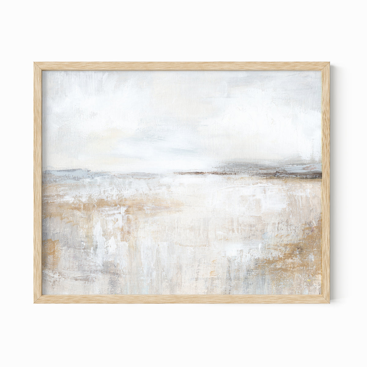 Stillness is a neutral minimalist abstract landscape in warm beige, cream, ivory, white, taupe, soft gray, charcoal gray, dark brown, pale blue gray, and muted golden beige; natural oak frame by NLS Design. Large neutral gallery wall art for living rooms, bedrooms, entryways, offices, bathrooms, and above the couch and above the bed. Modern farmhouse rustic cottage earth tones. Horizontal Sizes: 8x10, 11x14, 16x20, 18x24, 24x36, 30x40, 40x60 inches. Real art by a real artist - NO AI 