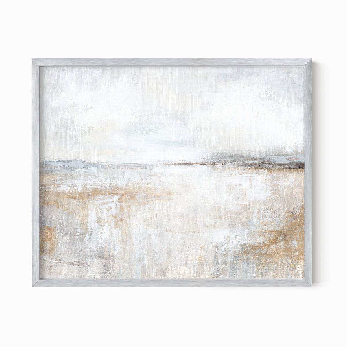 Stillness is a neutral minimalist abstract landscape in warm beige, cream, ivory, white, taupe, soft gray, charcoal gray, dark brown, pale blue gray, and muted golden beige; silver metal frame by NLS Design. Large neutral gallery wall art for living rooms, bedrooms, entryways, offices, bathrooms, and above the couch and above the bed. Modern farmhouse rustic cottage earth tones. Horizontal Sizes: 8x10, 11x14, 16x20, 18x24, 24x36, 30x40, 40x60 inches. Real art by a real artist - NO AI 