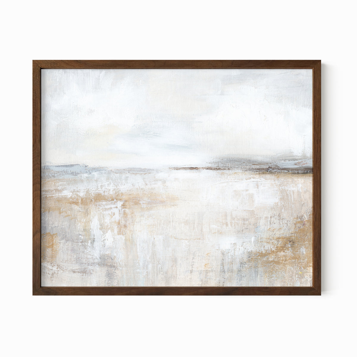 Stillness is a neutral minimalist abstract landscape in warm beige, cream, ivory, white, taupe, soft gray, charcoal gray, dark brown, pale blue gray, and muted golden beige; walnut oak frame by NLS Design. Large neutral gallery wall art for living rooms, bedrooms, entryways, offices, bathrooms, and above the couch and above the bed. Modern farmhouse rustic cottage earth tones. Horizontal Sizes: 8x10, 11x14, 16x20, 18x24, 24x36, 30x40, 40x60 inches. Real art by a real artist - NO AI 