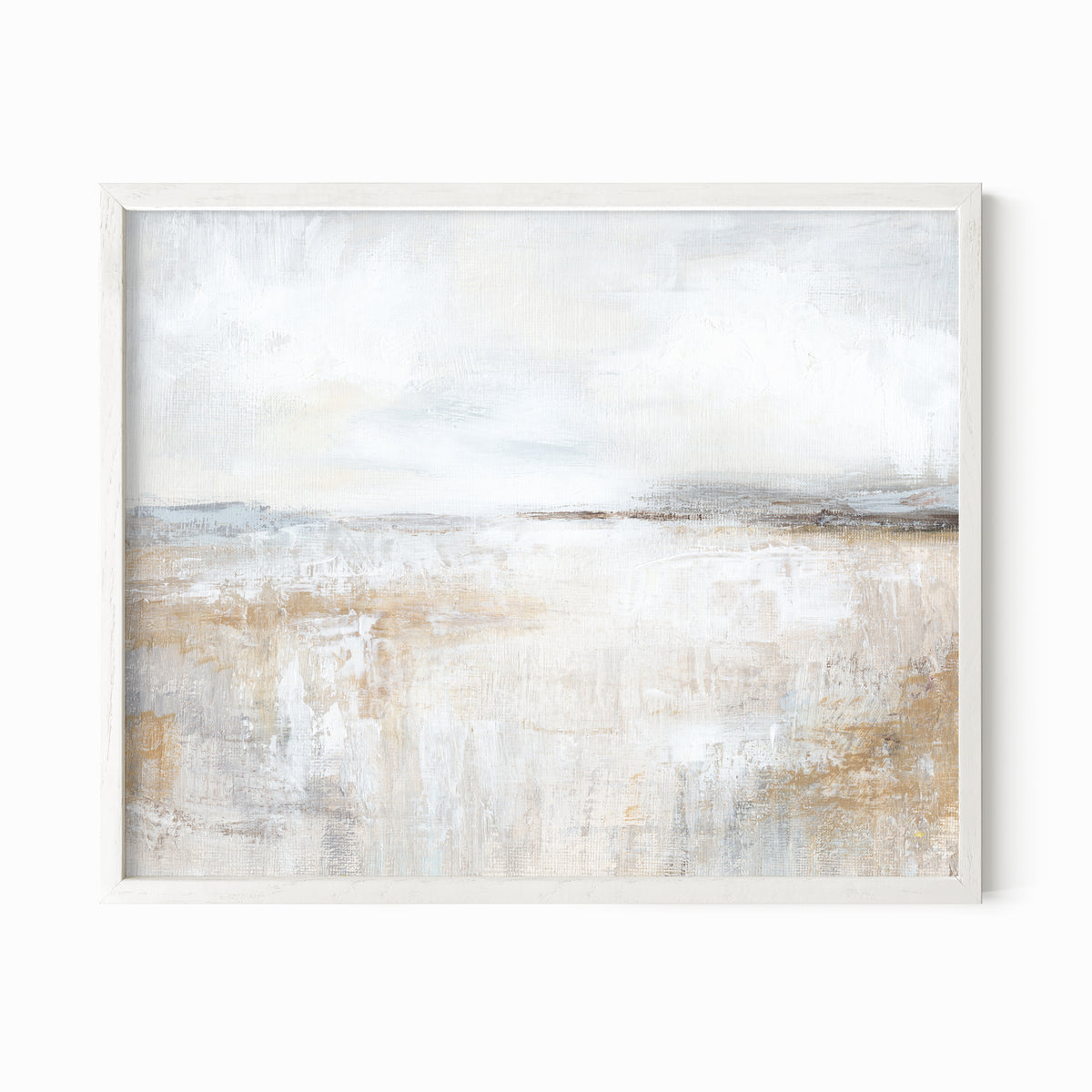 Stillness is a neutral minimalist abstract landscape in warm beige, cream, ivory, white, taupe, soft gray, charcoal gray, dark brown, pale blue gray, and muted golden beige; white oak frame by NLS Design. Large neutral gallery wall art for living rooms, bedrooms, entryways, offices, bathrooms, and above the couch and above the bed. Modern farmhouse rustic cottage earth tones. Horizontal Sizes: 8x10, 11x14, 16x20, 18x24, 24x36, 30x40, 40x60 inches. Real art by a real artist - NO AI 