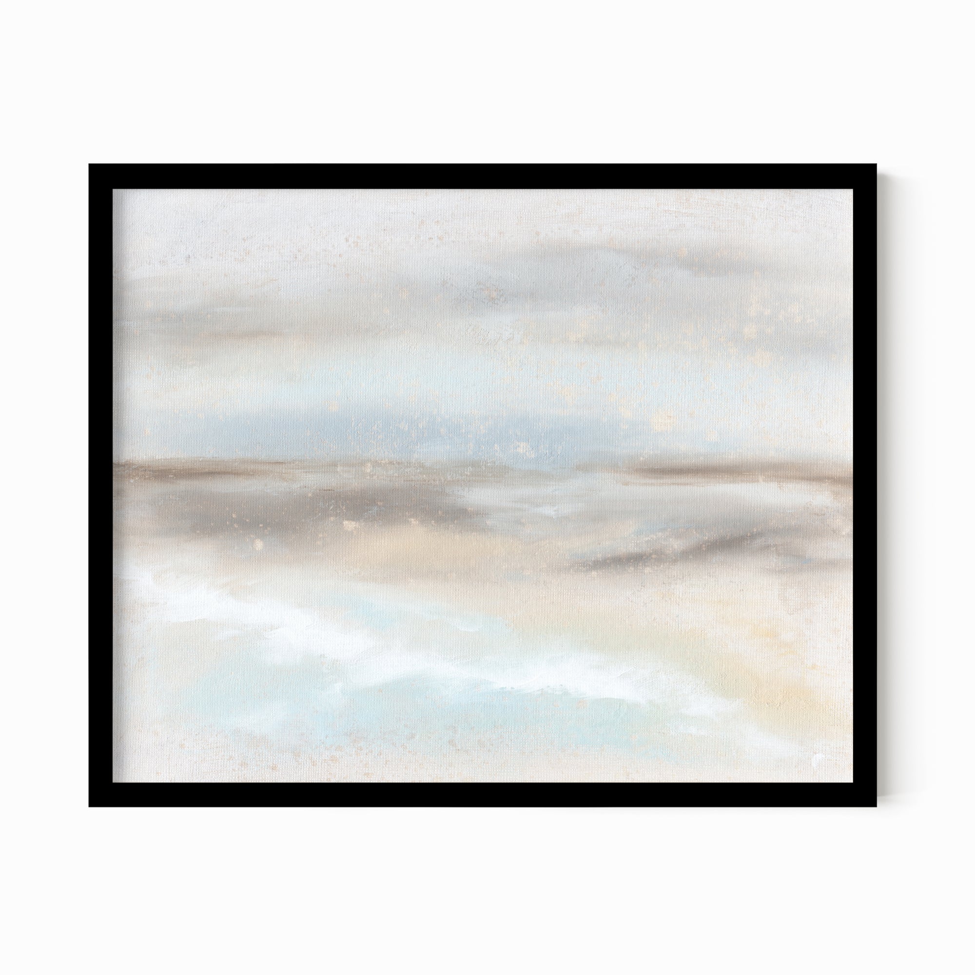 Suspend - abstract coastal landscape original painting fine are print in light blue, brown, cream, gray, beige and white; framed in black oak by NLS Design. Large neutral wall art for living rooms, bedrooms, entryways, offices, bathrooms, and above sofas and beds. nlsdesignllc.com
