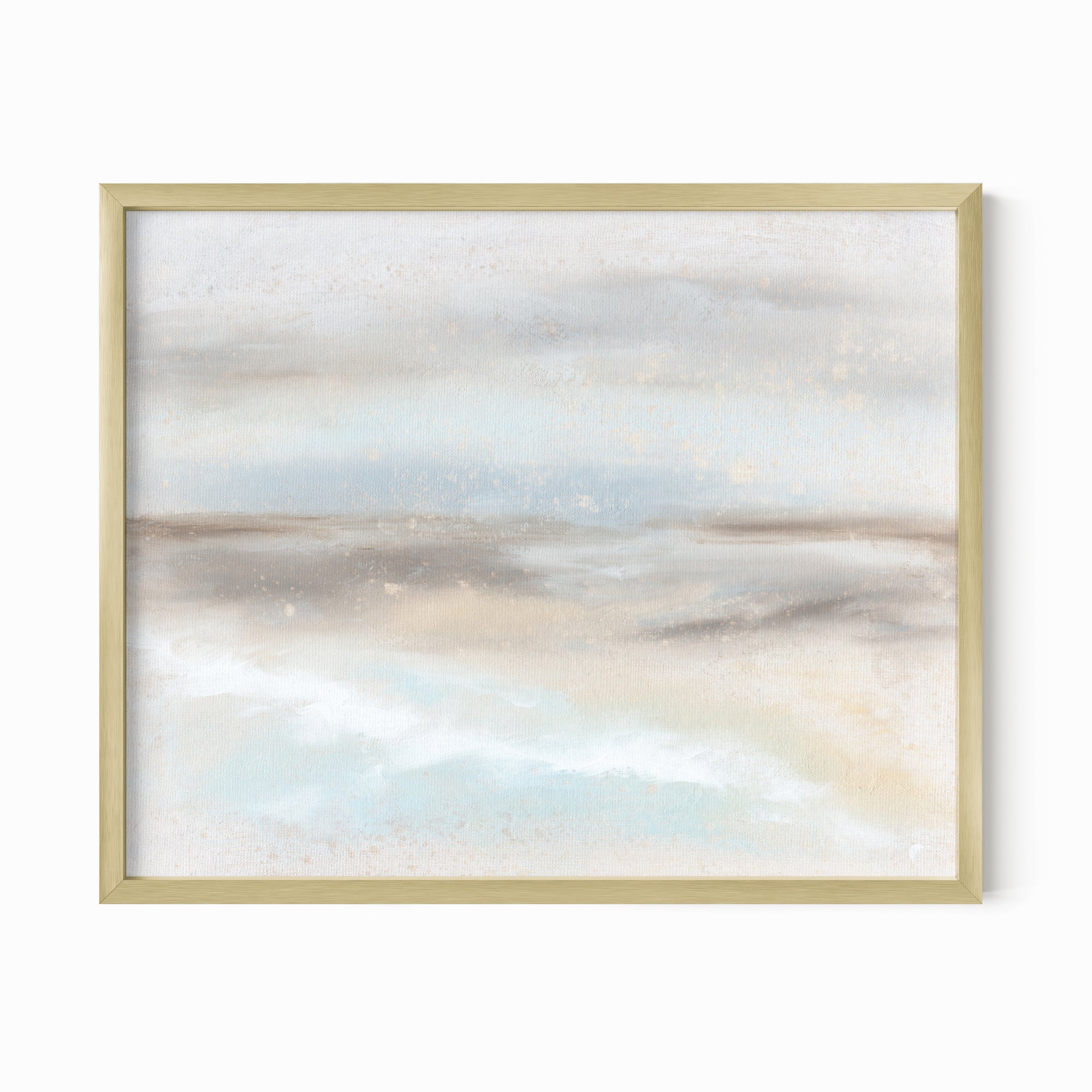 Suspend - abstract coastal landscape original painting fine are print in light blue, brown, cream, gray, beige and white; framed in gold metal by NLS Design. Large neutral wall art for living rooms, bedrooms, entryways, offices, bathrooms, and above sofas and beds. nlsdesignllc.com