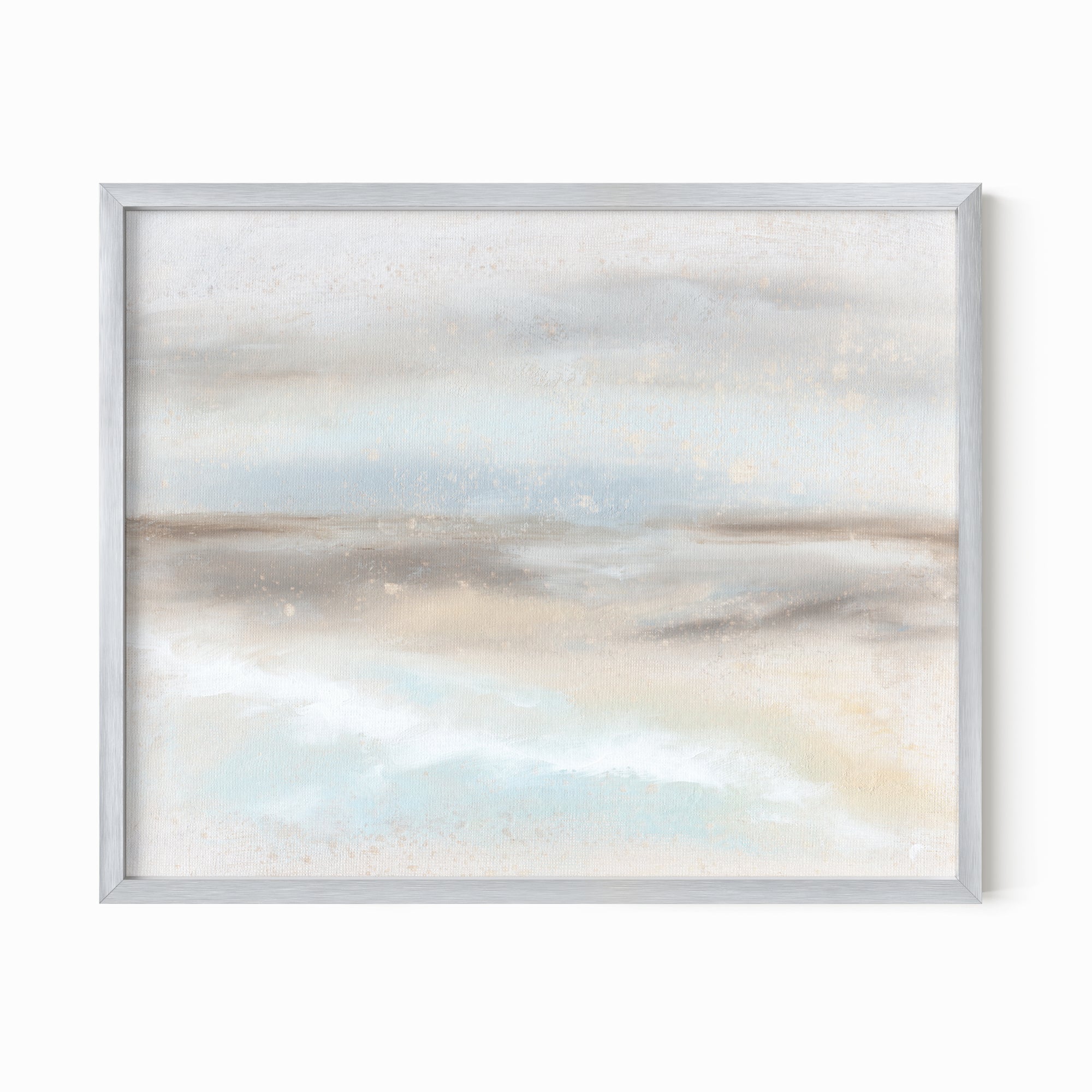 Suspend - abstract coastal landscape original painting fine are print in light blue, brown, cream, gray, beige and white; framed in silver metal by NLS Design. Large neutral wall art for living rooms, bedrooms, entryways, offices, bathrooms, and above sofas and beds. nlsdesignllc.com