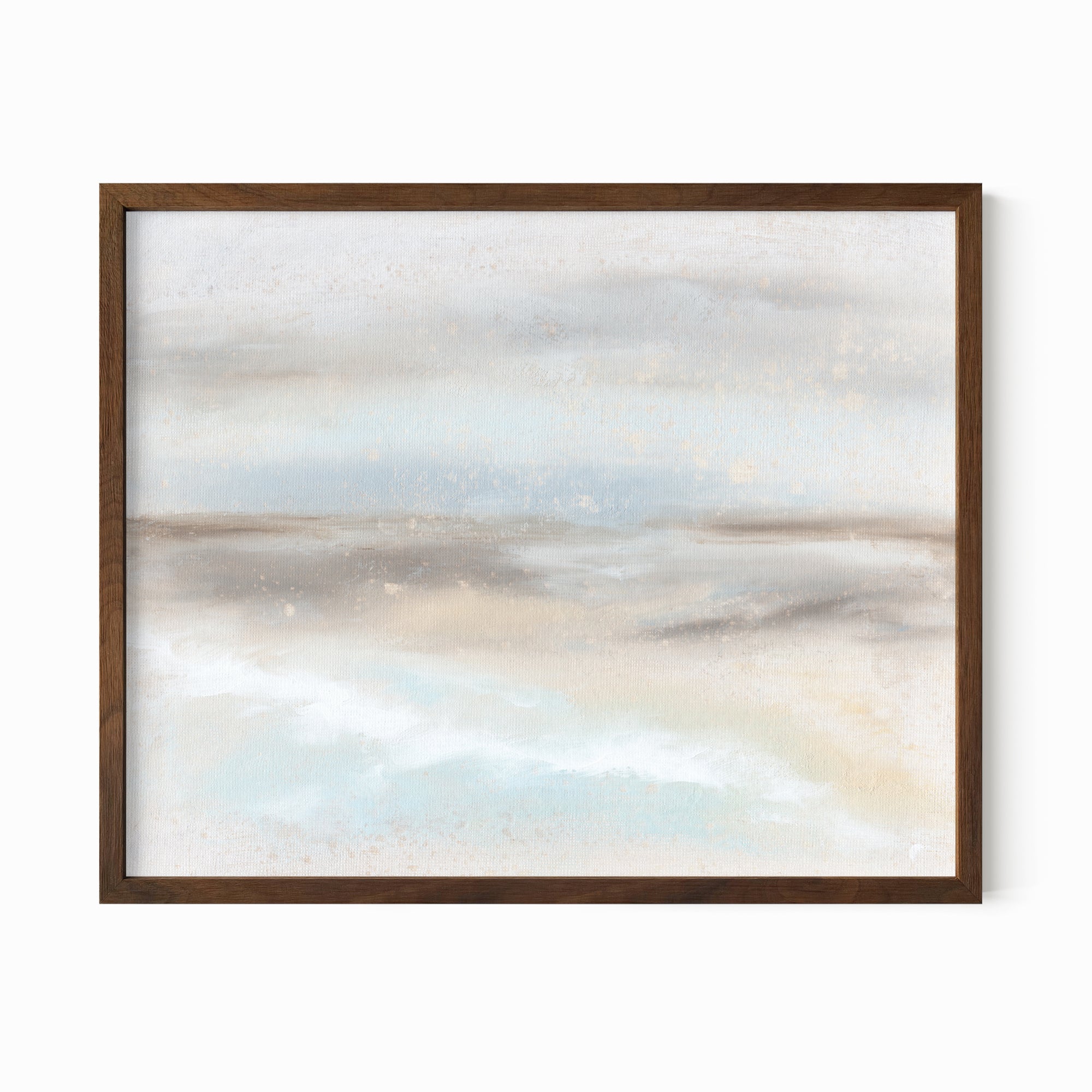 Suspend - abstract coastal landscape original painting fine are print in light blue, brown, cream, gray, beige and white; framed in walnut oak by NLS Design. Large neutral wall art for living rooms, bedrooms, entryways, offices, bathrooms, and above sofas and beds. nlsdesignllc.com