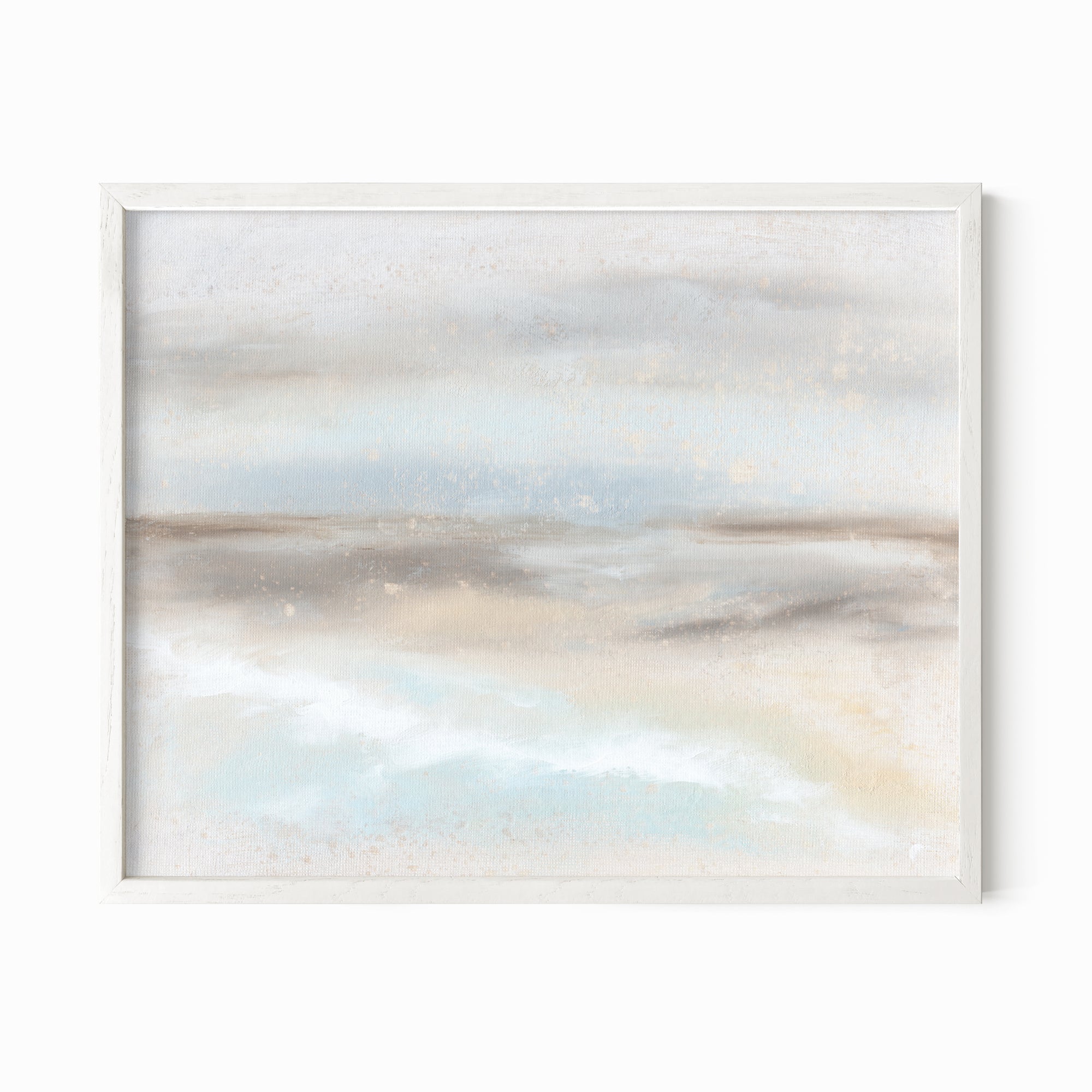 Suspend - abstract coastal landscape original painting fine are print in light blue, brown, cream, gray, beige and white; framed in white oak by NLS Design. Large neutral wall art for living rooms, bedrooms, entryways, offices, bathrooms, and above sofas and beds. nlsdesignllc.com