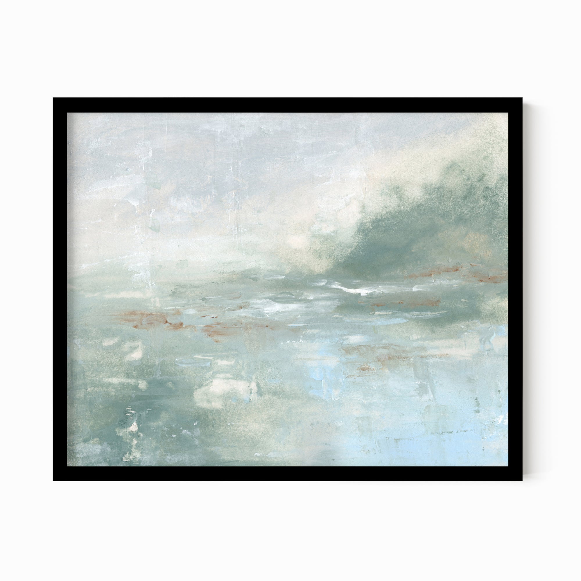 Twilight - abstract lake beach coastal landscape original painting fine are print in light blue and blue green with soft gray, warm brown, cream, and white; framed in black oak by NLS Design. Large neutral wall art for living rooms, bedrooms, entryways, offices, bathrooms, and above sofas and beds. Modern coastal minimalistic muted soft design. Artwork by NLS Design, nlsdesignllc.com. Real art by a real artist - NO AI. Magnolia, McGee and Co., Crate and Barrel, Serena &amp; Lily, Pottery Barn dupe. 