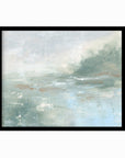 Twilight - abstract lake beach coastal landscape original painting fine are print in light blue and blue green with soft gray, warm brown, cream, and white; framed in black oak by NLS Design. Large neutral wall art for living rooms, bedrooms, entryways, offices, bathrooms, and above sofas and beds. Modern coastal minimalistic muted soft design. Artwork by NLS Design, nlsdesignllc.com. Real art by a real artist - NO AI. Magnolia, McGee and Co., Crate and Barrel, Serena & Lily, Pottery Barn dupe. 