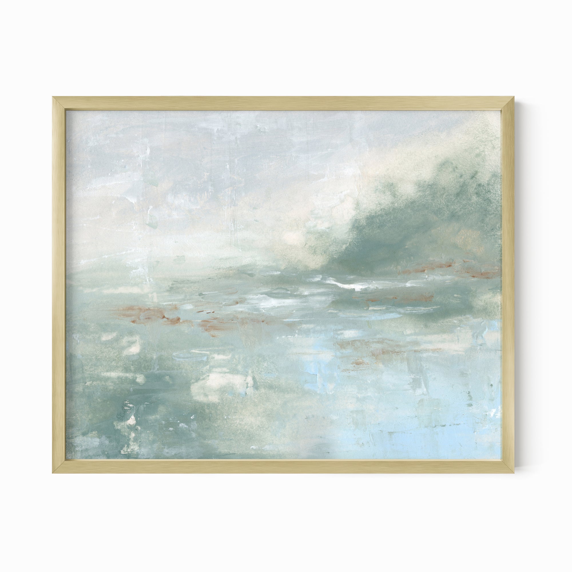 Twilight - abstract lake beach coastal landscape original painting fine are print in light blue and blue green with soft gray, warm brown, cream, and white; framed in gold metal by NLS Design. Large neutral wall art for living rooms, bedrooms, entryways, offices, bathrooms, and above sofas and beds. Modern coastal minimalistic muted soft design. Artwork by NLS Design, nlsdesignllc.com. Real art by a real artist - NO AI. Magnolia, McGee and Co., Crate and Barrel, Serena &amp; Lily, Pottery Barn dupe. 