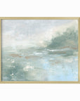 Twilight - abstract lake beach coastal landscape original painting fine are print in light blue and blue green with soft gray, warm brown, cream, and white; framed in gold metal by NLS Design. Large neutral wall art for living rooms, bedrooms, entryways, offices, bathrooms, and above sofas and beds. Modern coastal minimalistic muted soft design. Artwork by NLS Design, nlsdesignllc.com. Real art by a real artist - NO AI. Magnolia, McGee and Co., Crate and Barrel, Serena & Lily, Pottery Barn dupe. 