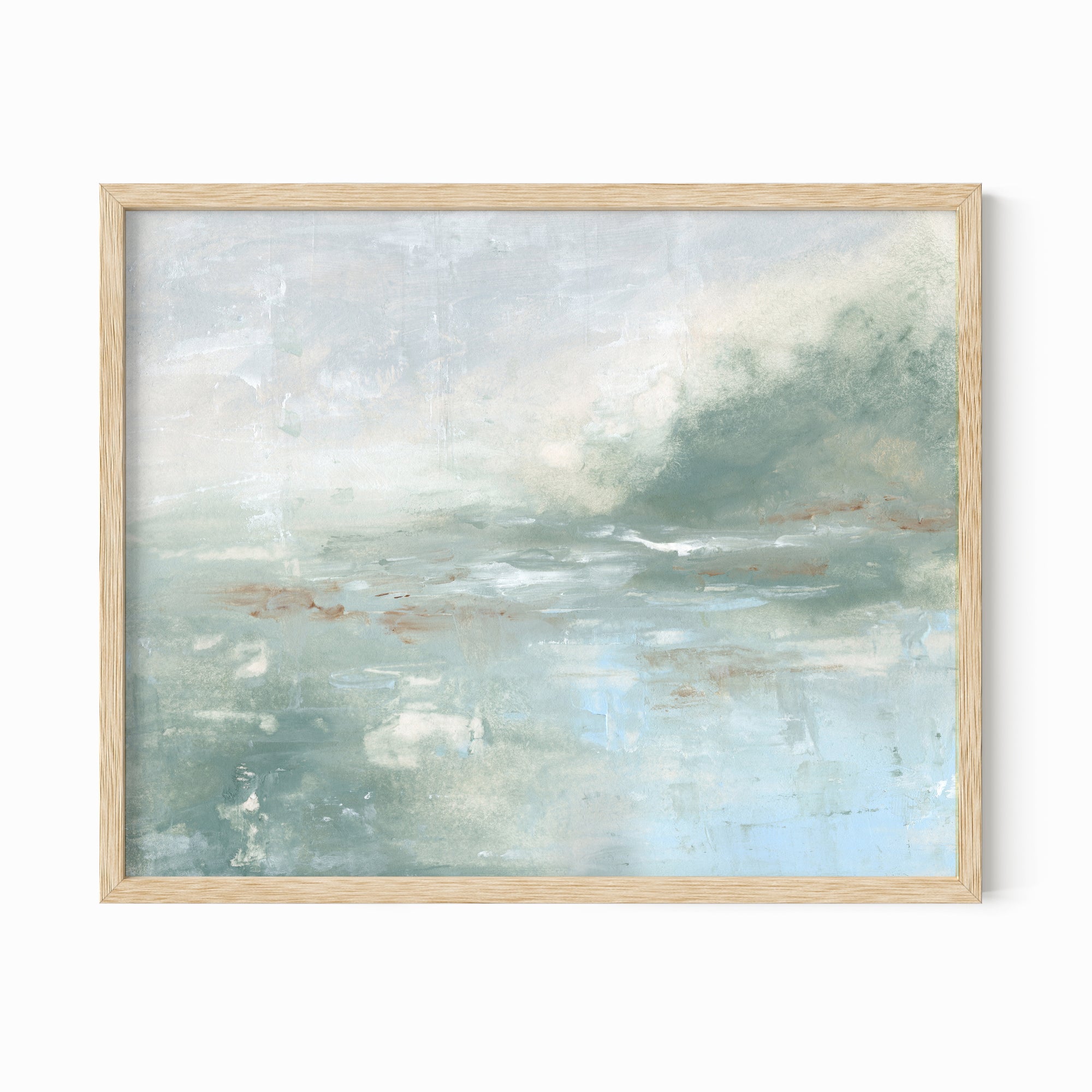 Twilight - abstract lake beach coastal landscape original painting fine are print in light blue and blue green with soft gray, warm brown, cream, and white; framed in natural oak by NLS Design. Large neutral wall art for living rooms, bedrooms, entryways, offices, bathrooms, and above sofas and beds. Modern coastal minimalistic muted soft design. Artwork by NLS Design, nlsdesignllc.com. Real art by a real artist - NO AI. Magnolia, McGee and Co., Crate and Barrel, Serena &amp; Lily, Pottery Barn dupe. 