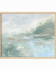 Twilight - abstract lake beach coastal landscape original painting fine are print in light blue and blue green with soft gray, warm brown, cream, and white; framed in natural oak by NLS Design. Large neutral wall art for living rooms, bedrooms, entryways, offices, bathrooms, and above sofas and beds. Modern coastal minimalistic muted soft design. Artwork by NLS Design, nlsdesignllc.com. Real art by a real artist - NO AI. Magnolia, McGee and Co., Crate and Barrel, Serena & Lily, Pottery Barn dupe. 