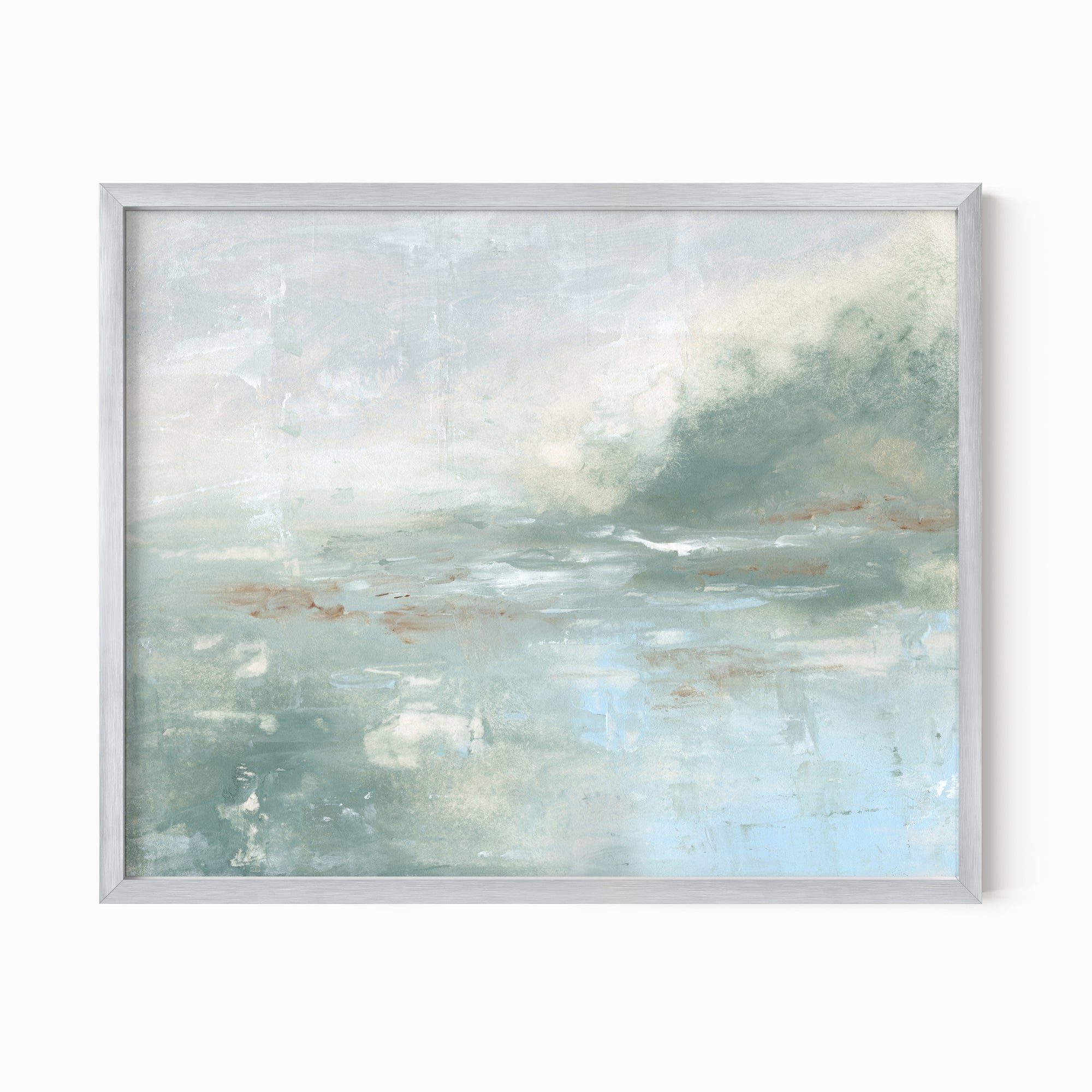 Twilight - abstract lake beach coastal landscape original painting fine are print in light blue and blue green with soft gray, warm brown, cream, and white; framed in silver metal by NLS Design. Large neutral wall art for living rooms, bedrooms, entryways, offices, bathrooms, and above sofas and beds. Modern coastal minimalistic muted soft design. Artwork by NLS Design, nlsdesignllc.com. Real art by a real artist - NO AI. Magnolia, McGee and Co., Crate and Barrel, Serena &amp; Lily, Pottery Barn dupe. 