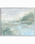 Twilight - abstract lake beach coastal landscape original painting fine are print in light blue and blue green with soft gray, warm brown, cream, and white; framed in silver metal by NLS Design. Large neutral wall art for living rooms, bedrooms, entryways, offices, bathrooms, and above sofas and beds. Modern coastal minimalistic muted soft design. Artwork by NLS Design, nlsdesignllc.com. Real art by a real artist - NO AI. Magnolia, McGee and Co., Crate and Barrel, Serena & Lily, Pottery Barn dupe. 