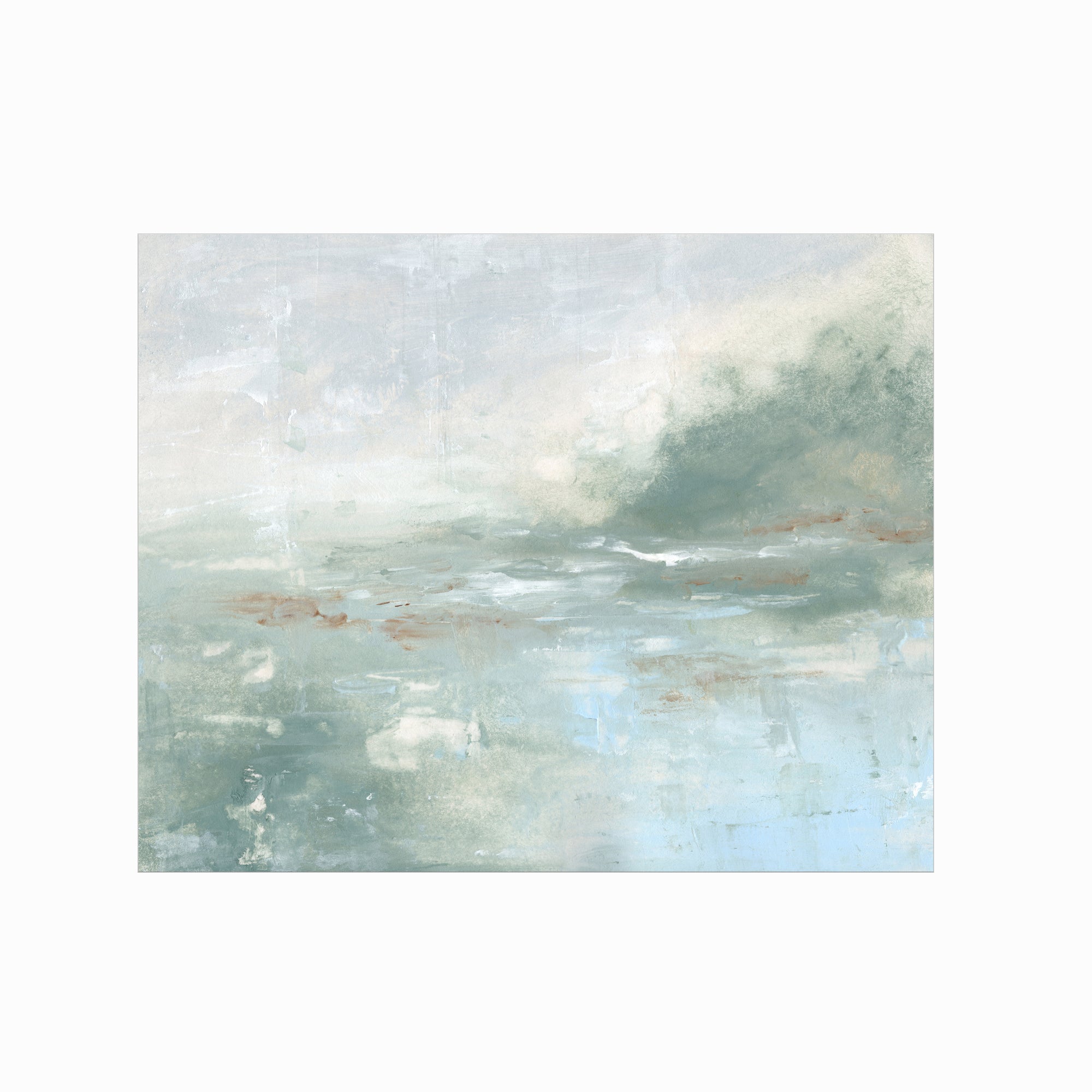 Twilight - abstract lake beach coastal landscape original painting fine are print in light blue and blue green with soft gray, warm brown, cream, and white; unframed by NLS Design. Large neutral wall art for living rooms, bedrooms, entryways, offices, bathrooms, and above sofas and beds. Modern coastal minimalistic muted soft design. Artwork by NLS Design, nlsdesignllc.com. Real art by a real artist - NO AI. Magnolia, McGee and Co., Crate and Barrel, Serena &amp; Lily, Pottery Barn dupe. 