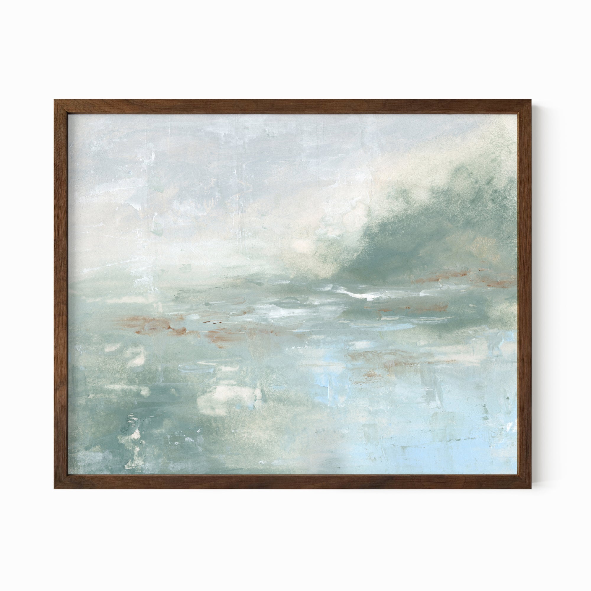 Twilight - abstract lake beach coastal landscape original painting fine are print in light blue and blue green with soft gray, warm brown, cream, and white; framed in walnut oak by NLS Design. Large neutral wall art for living rooms, bedrooms, entryways, offices, bathrooms, and above sofas and beds. Modern coastal minimalistic muted soft design. Artwork by NLS Design, nlsdesignllc.com. Real art by a real artist - NO AI. Magnolia, McGee and Co., Crate and Barrel, Serena &amp; Lily, Pottery Barn dupe. 