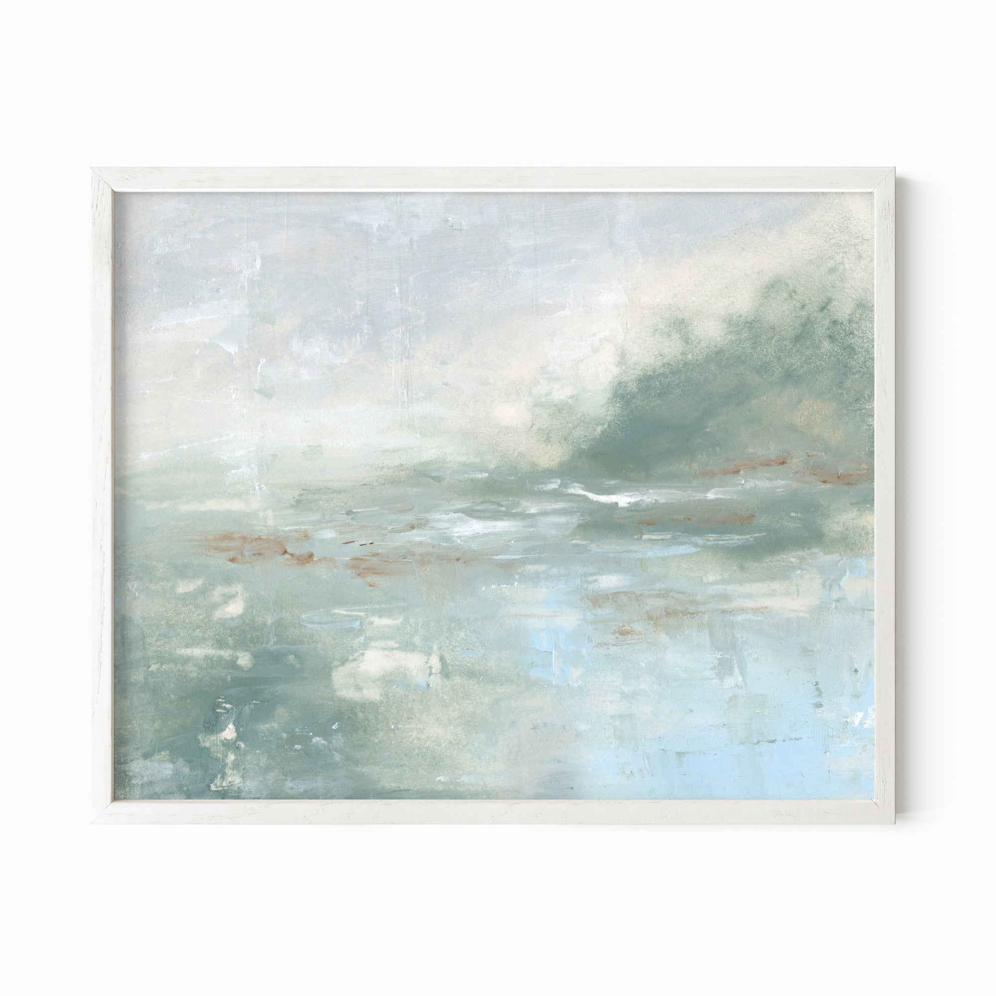 Twilight - abstract lake beach coastal landscape original painting fine are print in light blue and blue green with soft gray, warm brown, cream, and white; framed in white oak by NLS Design. Large neutral wall art for living rooms, bedrooms, entryways, offices, bathrooms, and above sofas and beds. Modern coastal minimalistic muted soft design. Artwork by NLS Design, nlsdesignllc.com. Real art by a real artist - NO AI. Magnolia, McGee and Co., Crate and Barrel, Serena &amp; Lily, Pottery Barn dupe. 