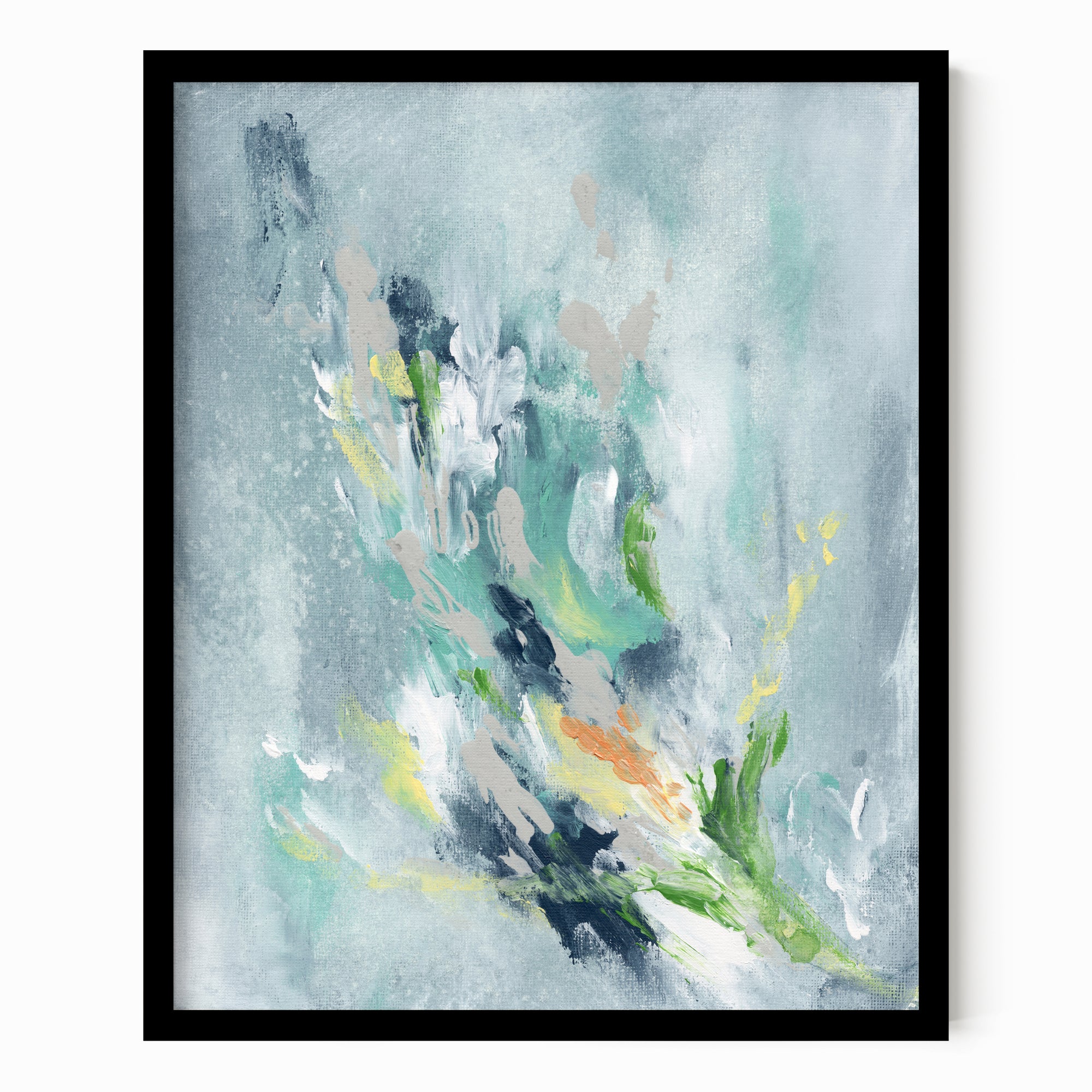 Verdalia - abstract floral botanical original painting fine are print in slate blue, blue, gray, navy blue, teal, beige, yellow, white, green; framed in black oak by NLS Design. Large neutral wall art for living rooms, bedrooms, entryways, offices, bathrooms, and above sofas, couches and beds. Modern elegant sophisticated quiet luxury flower art. Artwork by NLS Design, nlsdesignllc.com. Real art by a real artist - NO AI. Magnolia, McGee and Co., Crate and Barrel, Serena &amp; Lily, Pottery Barn dupe