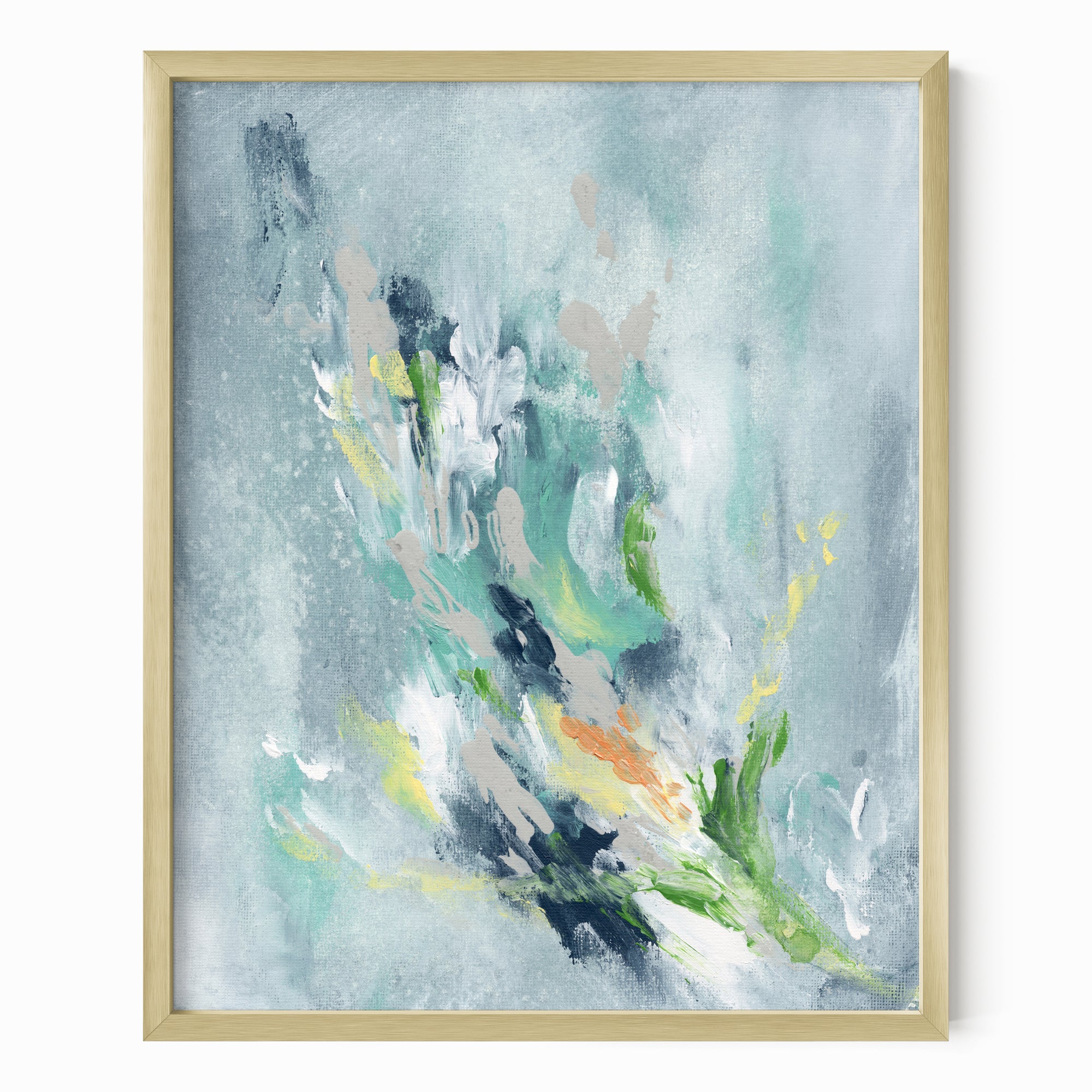 Verdalia - abstract floral botanical original painting fine are print in slate blue, blue, gray, navy blue, teal, beige, yellow, white, green; framed in gold metal by NLS Design. Large neutral wall art for living rooms, bedrooms, entryways, offices, bathrooms, and above sofas, couches and beds. Modern elegant sophisticated quiet luxury flower art. Artwork by NLS Design, nlsdesignllc.com. Real art by a real artist - NO AI. Magnolia, McGee and Co., Crate and Barrel, Serena &amp; Lily, Pottery Barn dupe