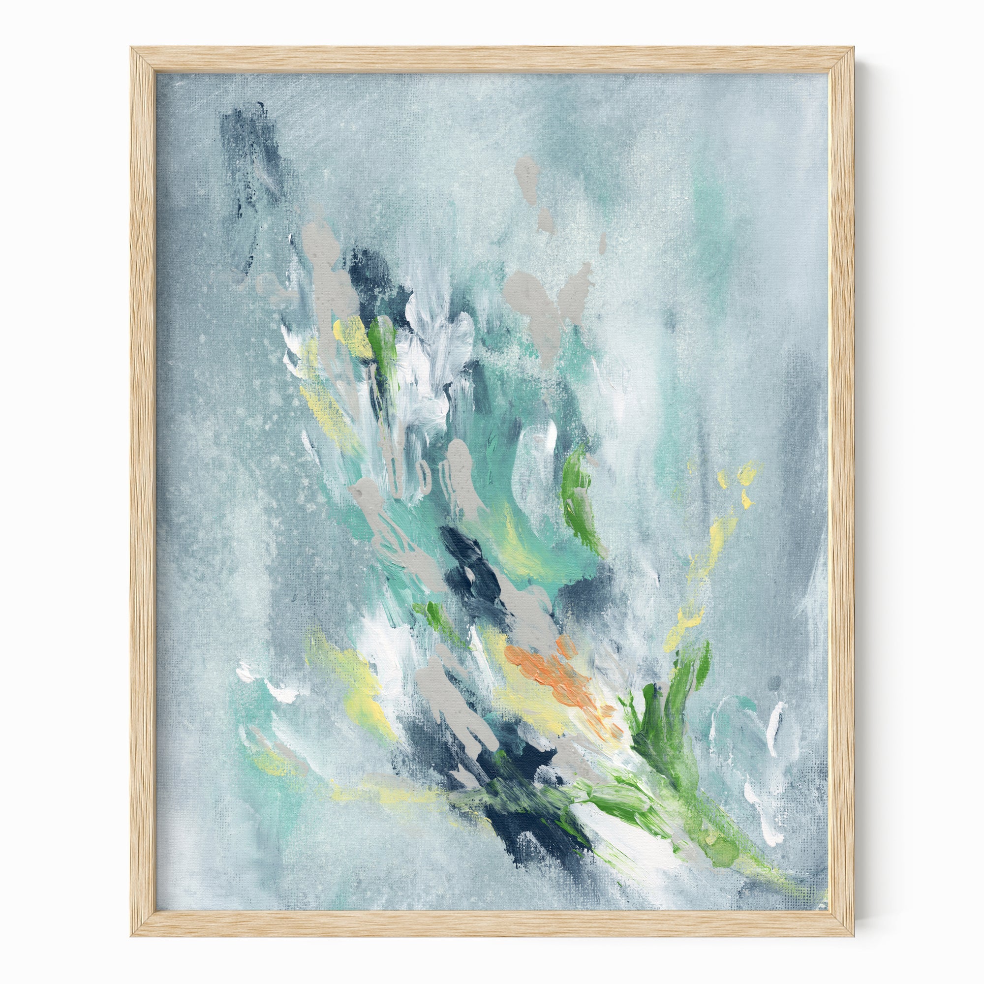 Verdalia - abstract floral botanical original painting fine are print in slate blue, blue, gray, navy blue, teal, beige, yellow, white, green; framed in natural oak by NLS Design. Large neutral wall art for living rooms, bedrooms, entryways, offices, bathrooms, and above sofas, couches and beds. Modern elegant sophisticated quiet luxury flower art. Artwork by NLS Design, nlsdesignllc.com. Real art by a real artist - NO AI. Magnolia, McGee and Co., Crate and Barrel, Serena & Lily, Pottery Barn dupe