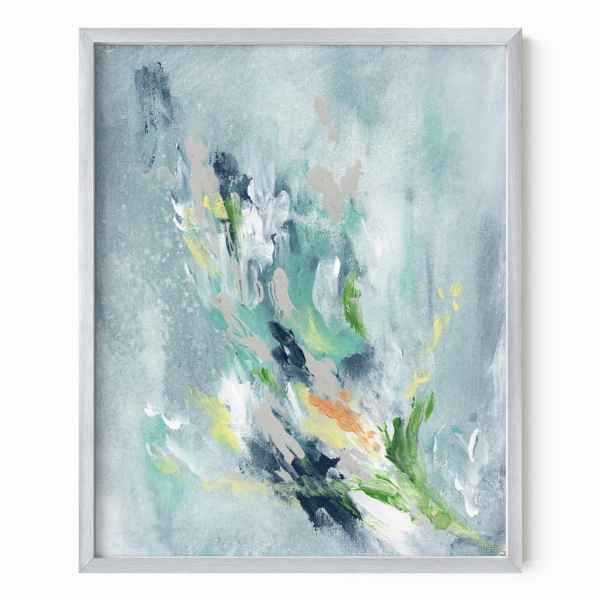Verdalia - abstract floral botanical original painting fine are print in slate blue, blue, gray, navy blue, teal, beige, yellow, white, green; framed in silver metal by NLS Design. Large neutral wall art for living rooms, bedrooms, entryways, offices, bathrooms, and above sofas, couches and beds. Modern elegant sophisticated quiet luxury flower art. Artwork by NLS Design, nlsdesignllc.com. Real art by a real artist - NO AI. Magnolia, McGee and Co., Crate and Barrel, Serena &amp; Lily, Pottery Barn dupe