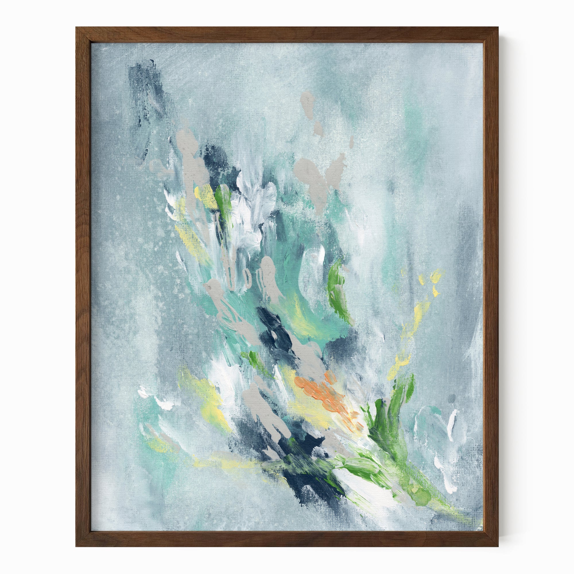 Verdalia - abstract floral botanical original painting fine are print in slate blue, blue, gray, navy blue, teal, beige, yellow, white, green; framed in walnut oak by NLS Design. Large neutral wall art for living rooms, bedrooms, entryways, offices, bathrooms, and above sofas, couches and beds. Modern elegant sophisticated quiet luxury flower art. Artwork by NLS Design, nlsdesignllc.com. Real art by a real artist - NO AI. Magnolia, McGee and Co., Crate and Barrel, Serena &amp; Lily, Pottery Barn dupe