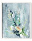 Verdalia - abstract floral botanical original painting fine are print in slate blue, blue, gray, navy blue, teal, beige, yellow, white, green; framed in white oak by NLS Design. Large neutral wall art for living rooms, bedrooms, entryways, offices, bathrooms, and above sofas, couches and beds. Modern elegant sophisticated quiet luxury flower art. Artwork by NLS Design, nlsdesignllc.com. Real art by a real artist - NO AI. Magnolia, McGee and Co., Crate and Barrel, Serena & Lily, Pottery Barn dupe