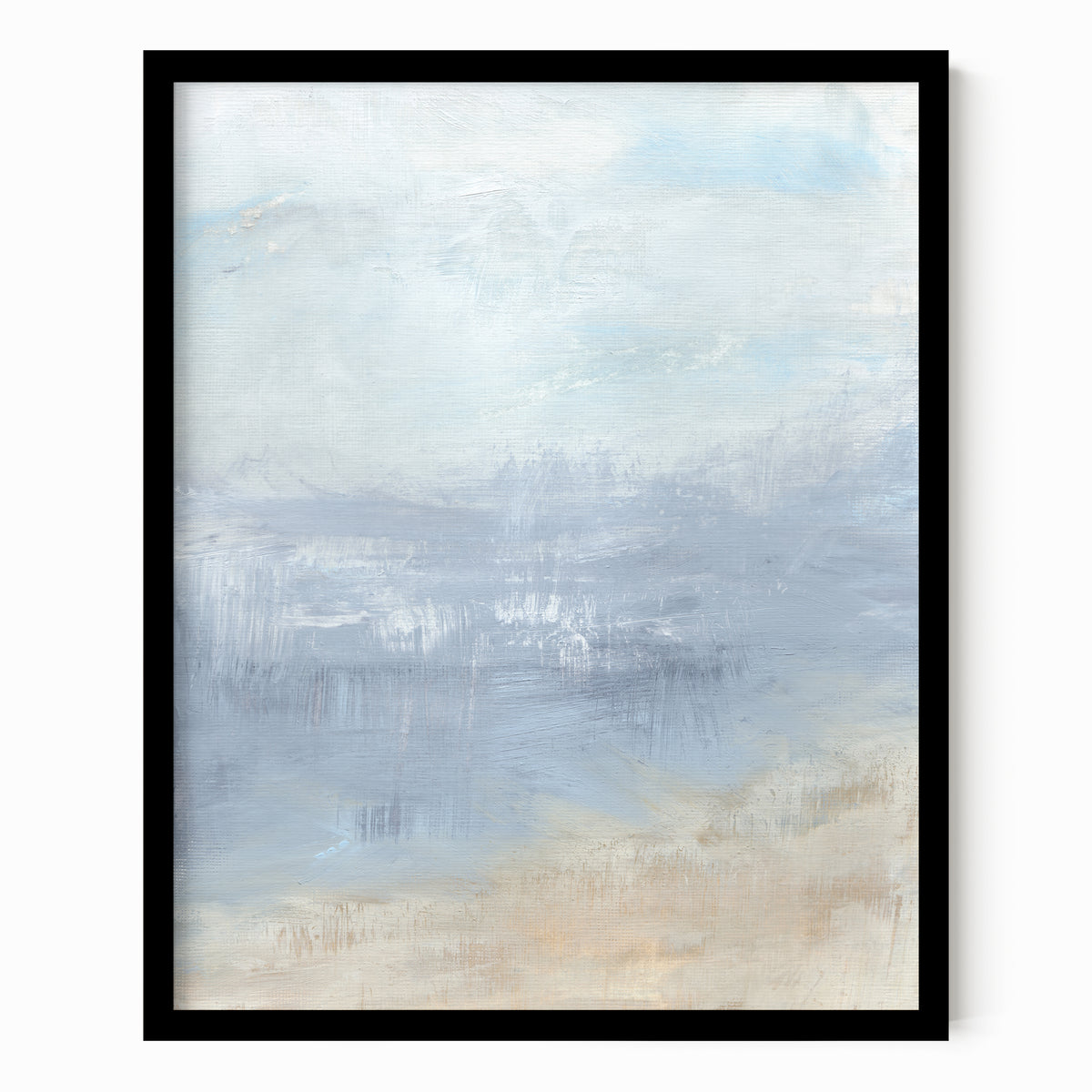 Vision is an abstract coastal landscape in pale gray, light blue, soft navy blue, sand beige, and white; framed in black oak by NLS Design. Large neutral gallery wall art for living rooms, bedrooms, entryways, offices, bathrooms, and above sofas and beds. Modern coastal, coastal grandmother, quiet luxury, modern, minimalist, shabby chic, Nancy Meyers, Pottery Barn, Crate &amp; Barrel dupe. Artwork by NLS Design, nlsdesignllc.com. Real art by a real artist - NO AI. 