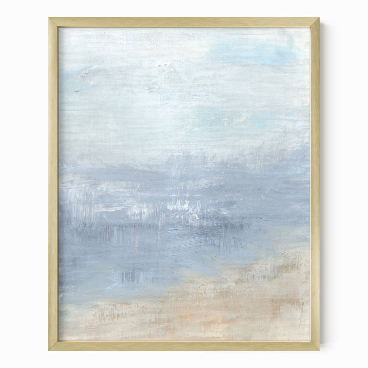 Vision is an abstract coastal landscape in pale gray, light blue, soft navy blue, sand beige, and white; framed in gold metal by NLS Design. Large neutral gallery wall art for living rooms, bedrooms, entryways, offices, bathrooms, and above sofas and beds. Modern coastal, coastal grandmother, quiet luxury, modern, minimalist, shabby chic, Nancy Meyers, Pottery Barn, Crate &amp; Barrel dupe. Artwork by NLS Design, nlsdesignllc.com. Real art by a real artist - NO AI. 